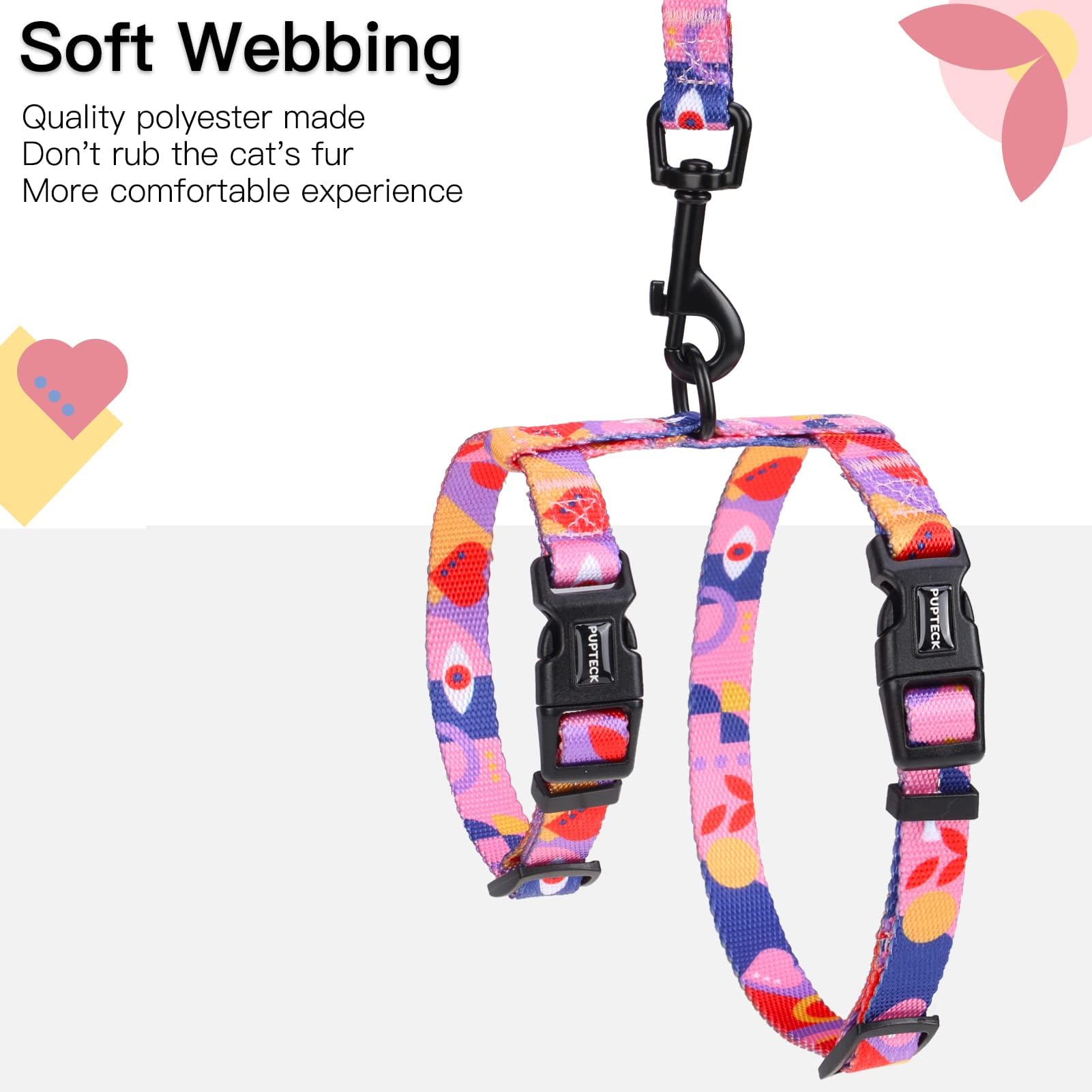 Pupteck Adjustable Cat Harness And Leash Set Escape Proof Kitten Strap Collar For Walking Travel, Printed Pink