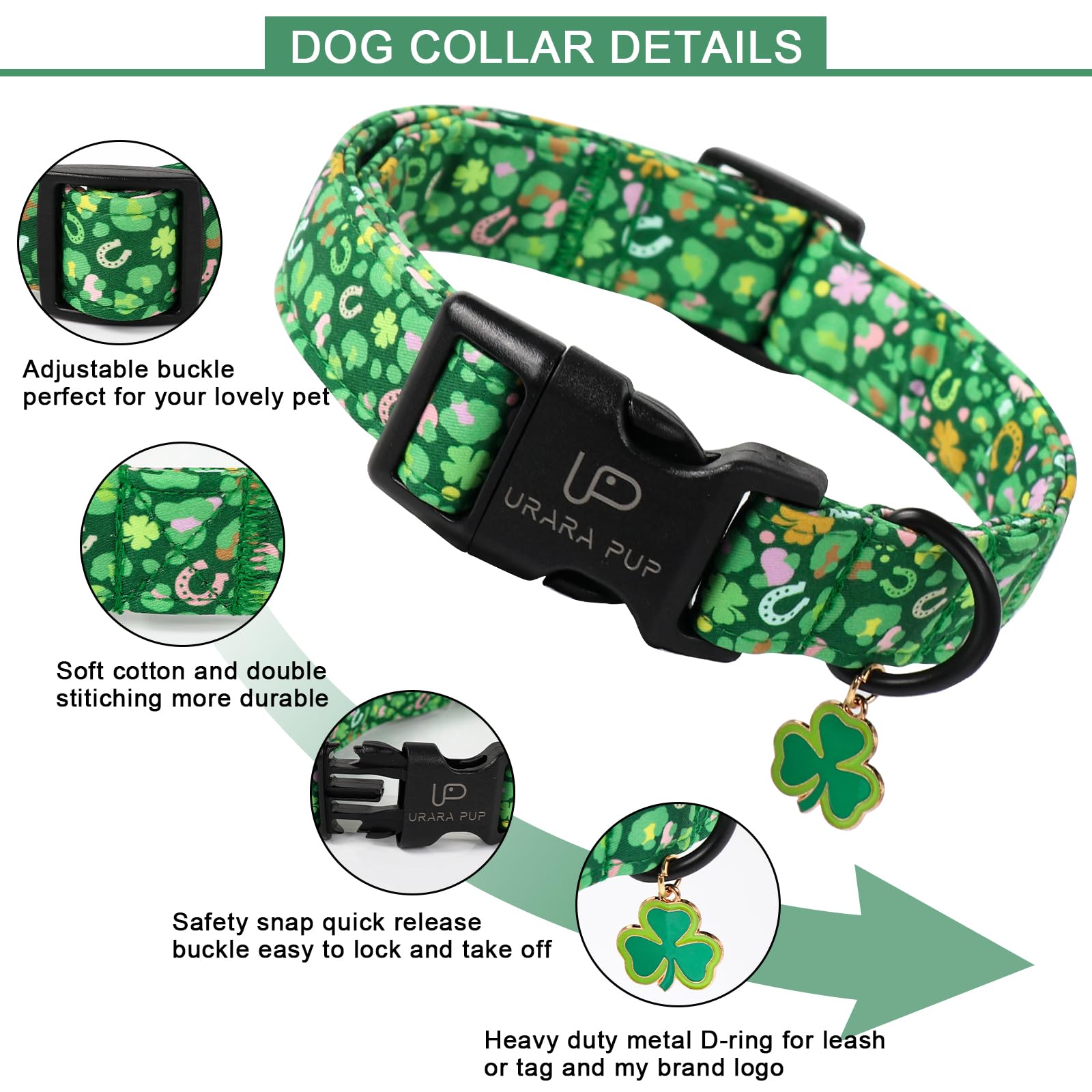 Up Urara Pup St. Patrick'S Dog Collar, Cotton St. Patricks Clover Collar For Puppy Girl Boy Dog Or Cat, Lucky Shamrock Dog Colla