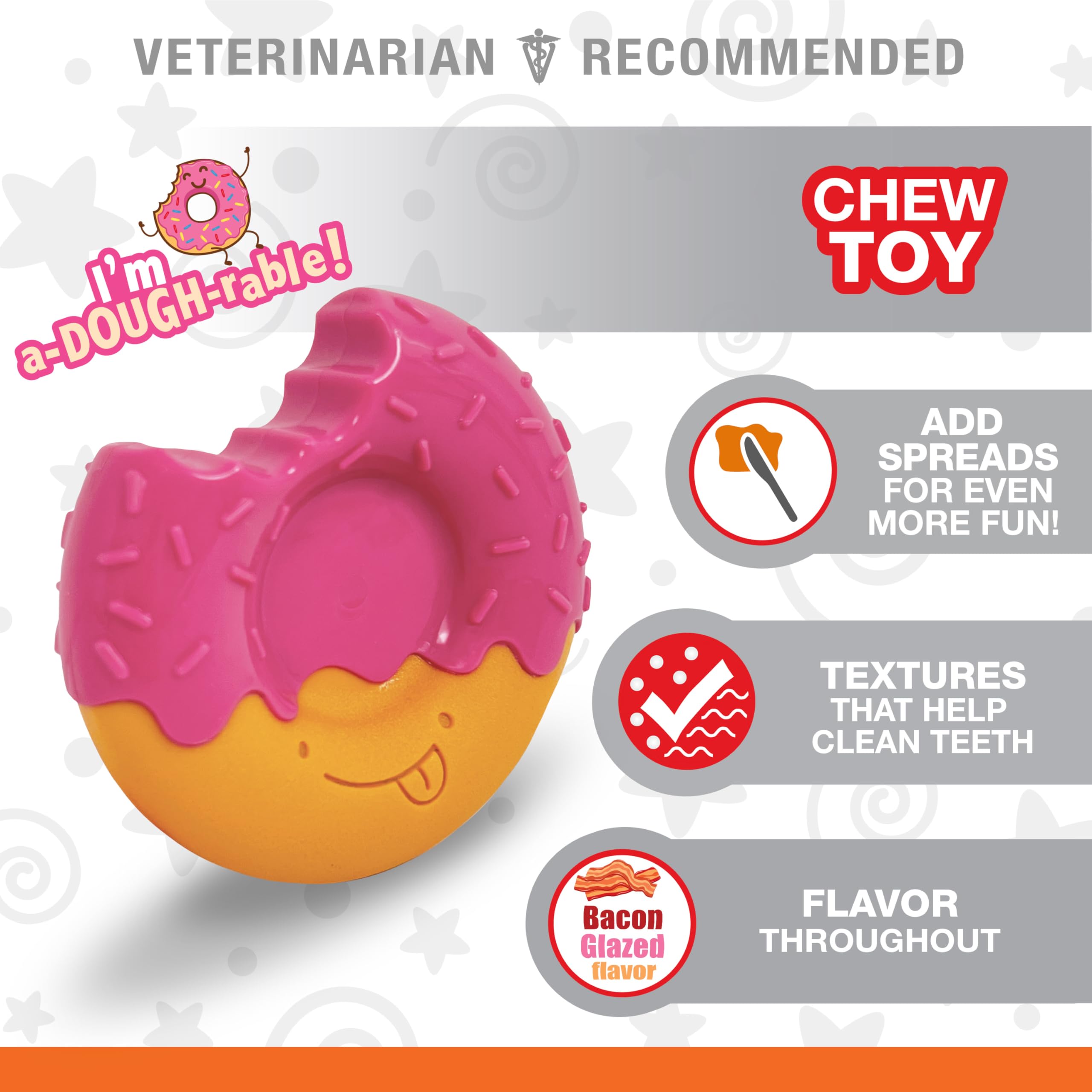 Nylabone Power Chew Donut Dog Chew Toy, Cute Dog Toys for Aggressive Chewers, Cheese Flavor, Bacon Glazed Flavor, Medium/Wolf (1