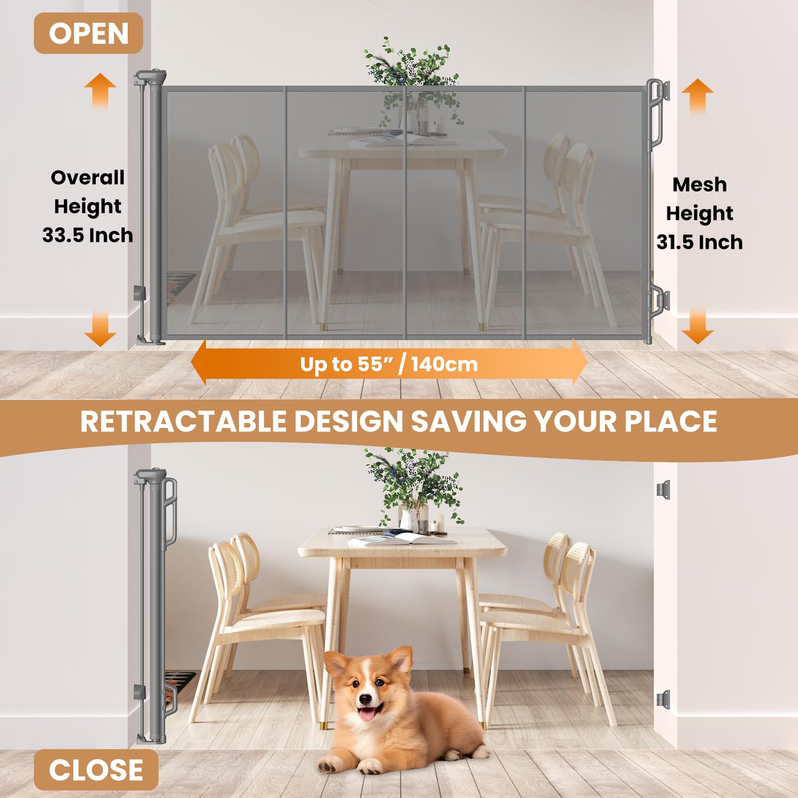 SPACEANY Baby Gate - Reinforced Retractable Safety Gate for Doorways & Stairs, 33.5" Tall, 55" Wide, Gray, Model BG01