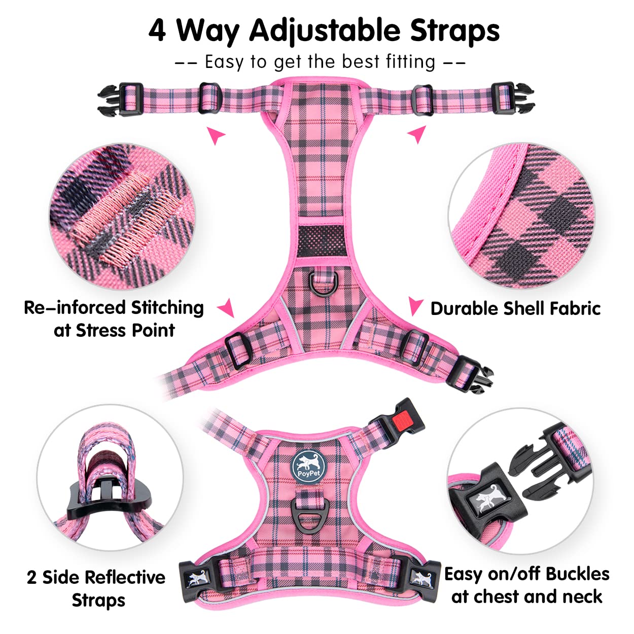 Poypet No Pull Dog Harness, [Release At Neck] Reflective Adjustable No Choke Pet Vest With Front & Back 2 Leash Attachments, Soft Control Training Handle For Small Medium Large Dogs(Checkered Pink,Xs)