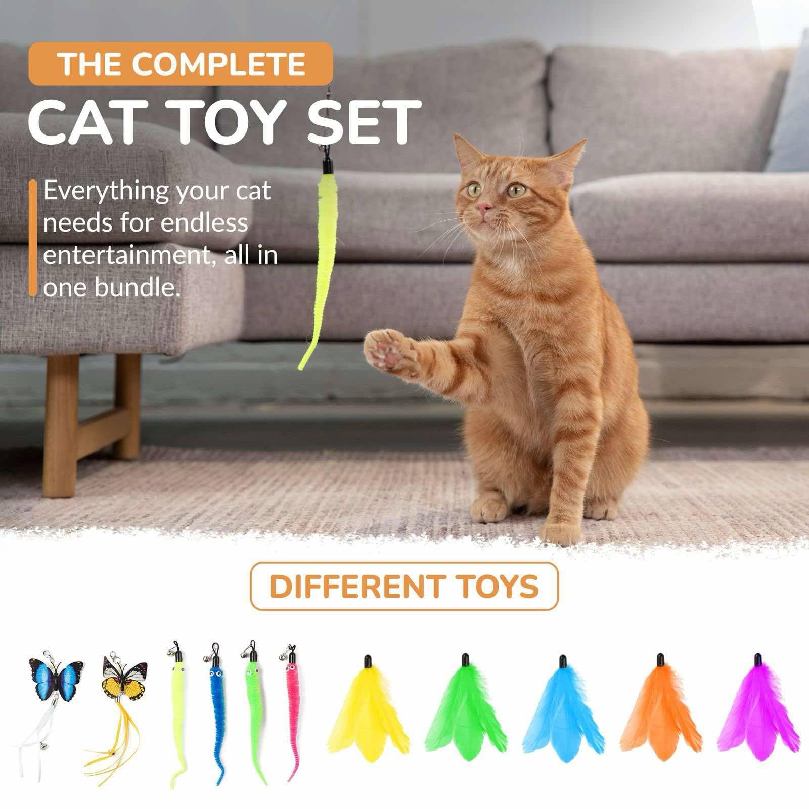 Pawsitive Interactive Cat Toys - Retractable Feather Wand With Refill Set 12Pcs - Perfect For Indoor Cats To Chase, Exercise & B