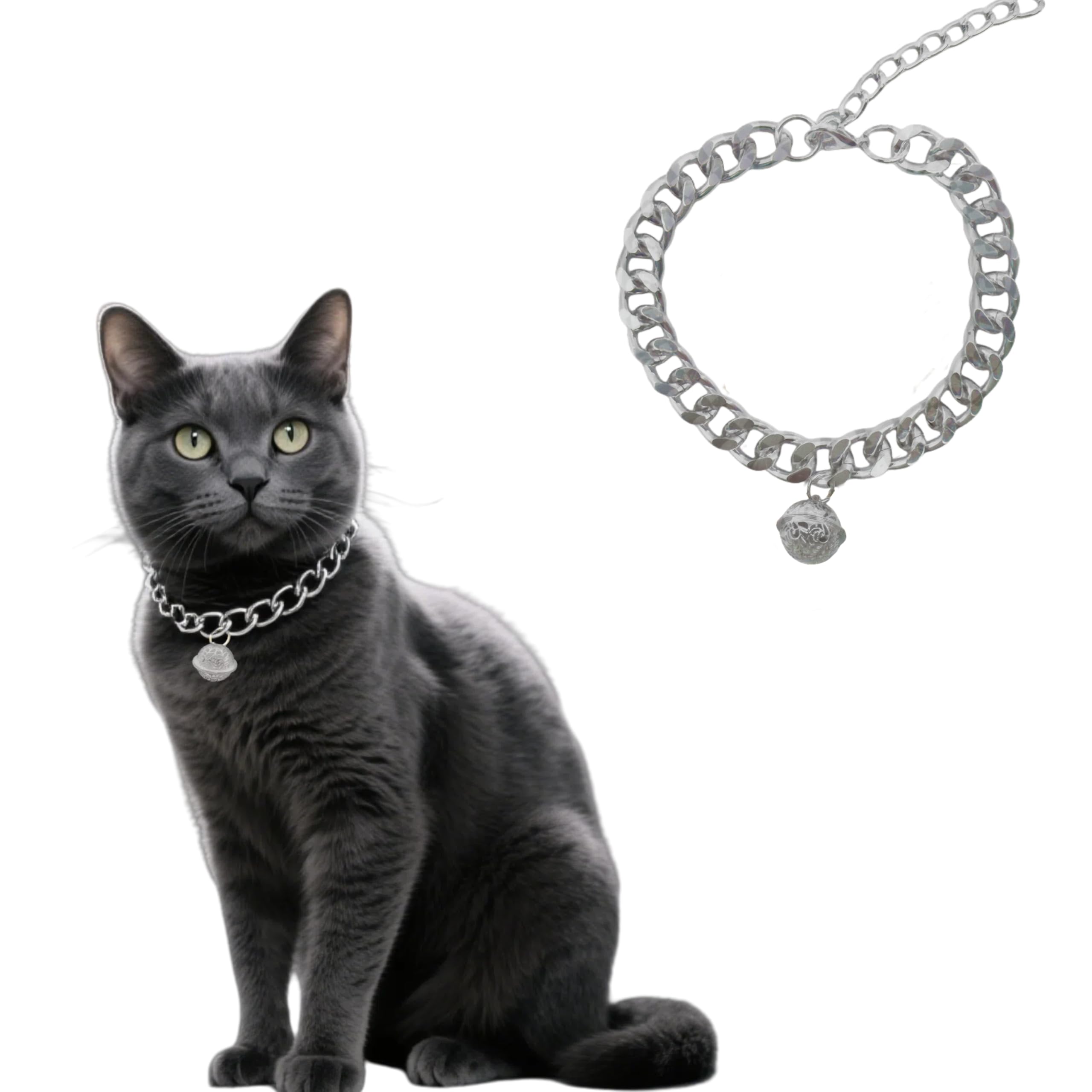 Cwyza Silvercat Chain Collar With Bell - Lightweight Metal Collar For Gifts, Adjustable Cuban Jewelry For Cats & Dogs (Silver, S