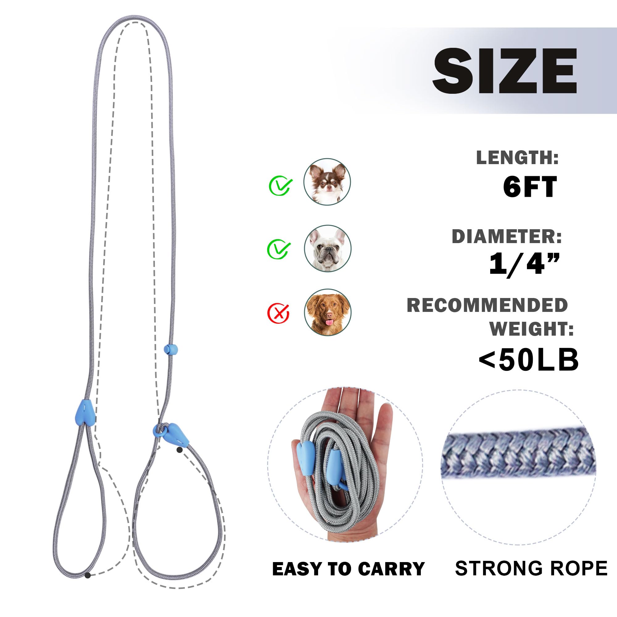 Slip Lead 6 Ft Dog Training Leash - 6 Color Slip Leads For Medium Dogs - No Pull Grey Leash
