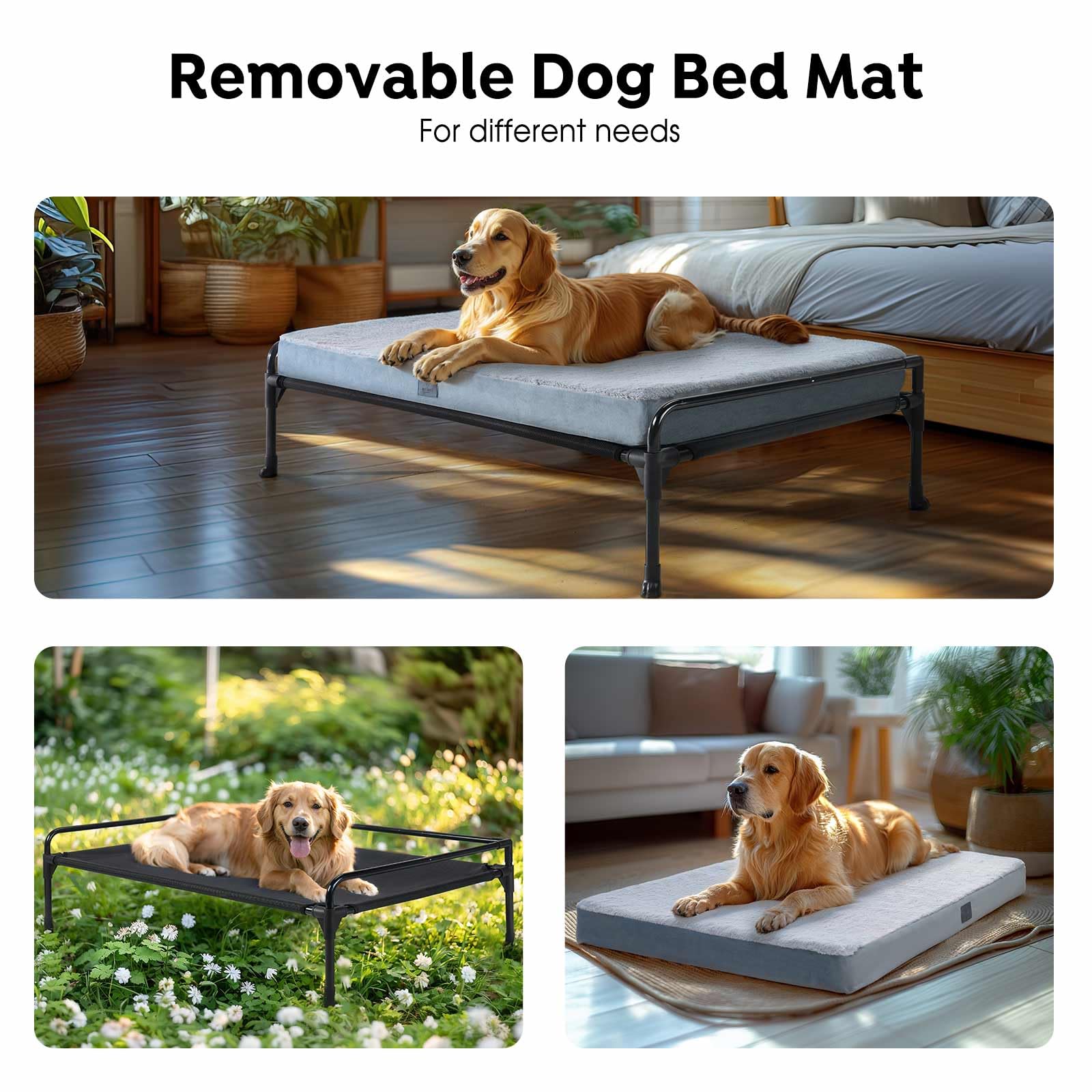 Veehoo Elevated Raised Dog Bed+Removable Dog Bed Mat-Cooling Outdoor Medium Pet Cot Three-Sided Guardrail Raised Pet Cot Elevate