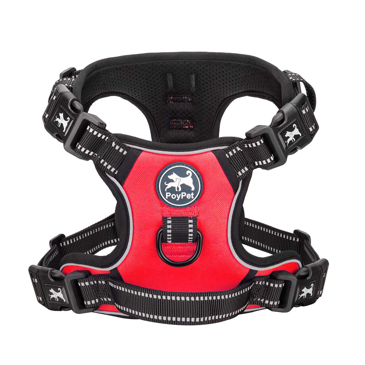 Poypet 2019 Upgraded No Pull Dog Harness With 4 Snap Buckles, 3M Reflective With Front & Back 2 Leash Hooks And An Easy Control Handle [No Need Go Over Dog’S Head (Red,M)