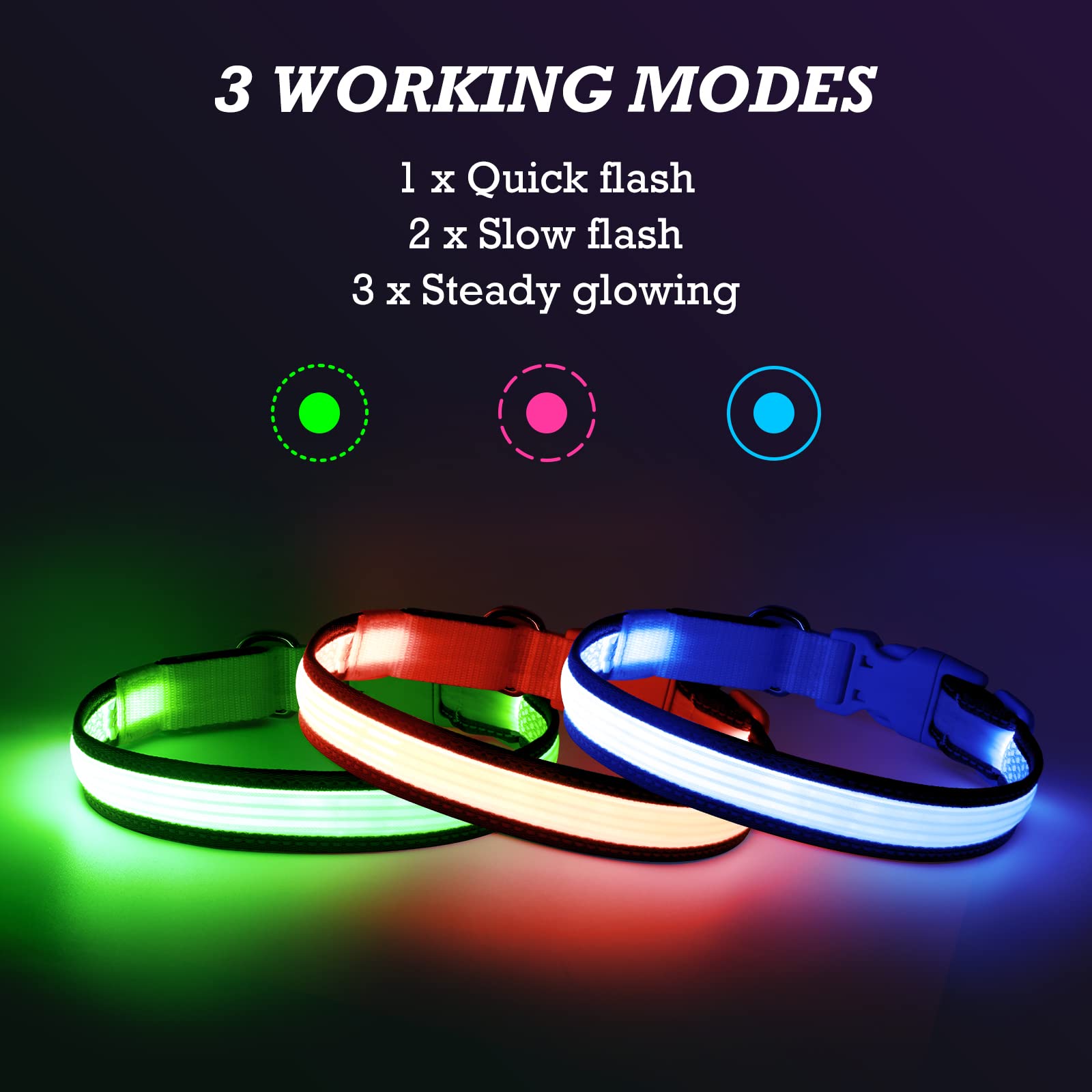Light Up Dog Collars- Usb Rechargeable Led Dog Collar, Full Illuminated And Adjustable Dog Collar Light, Three Colors And Three