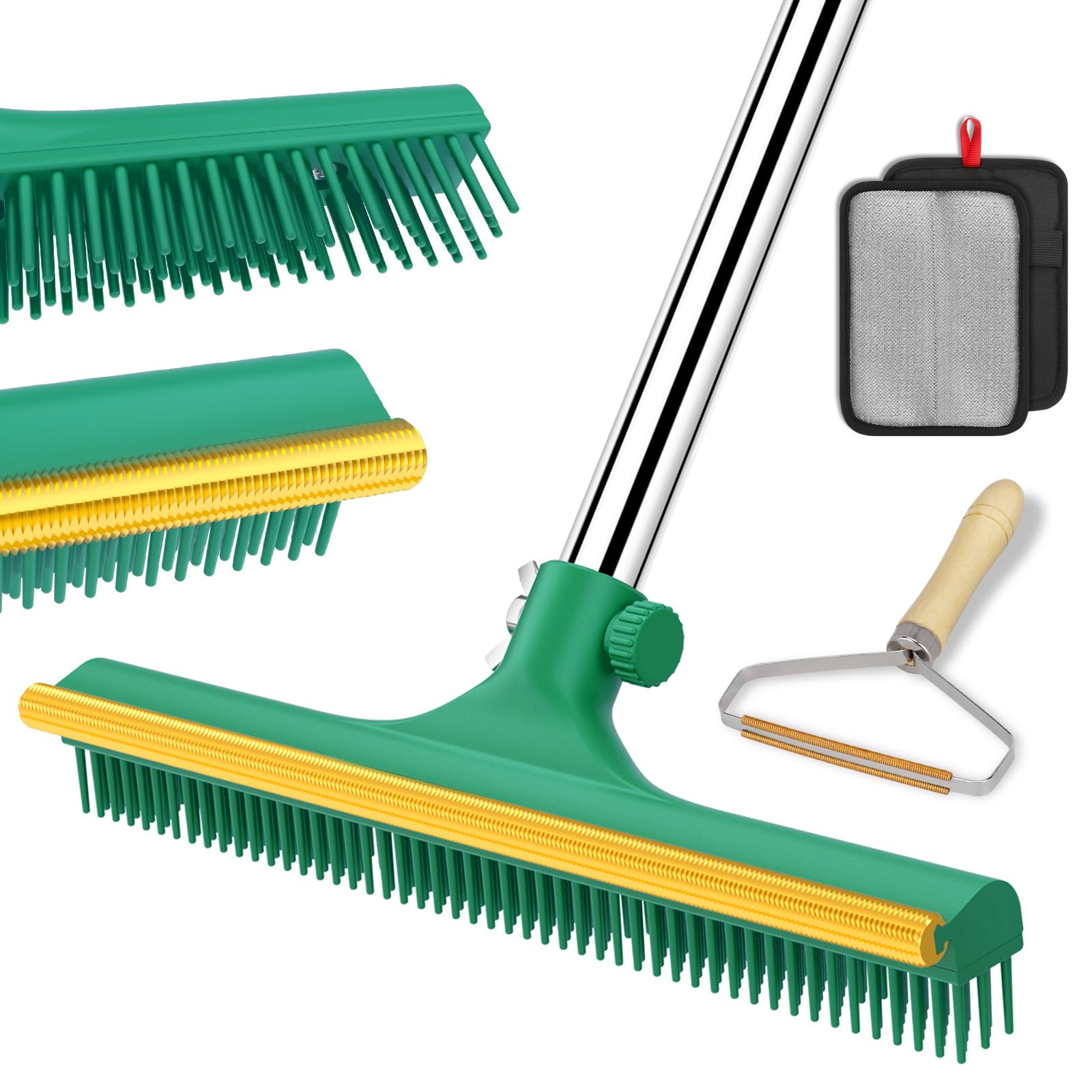 3 in 1 Carpet Rake for Pet Hair Removal, Reusable Pet Hair Remover Broom, 60'' Adjustable Long Handle Dog and Cat Hair Remover T