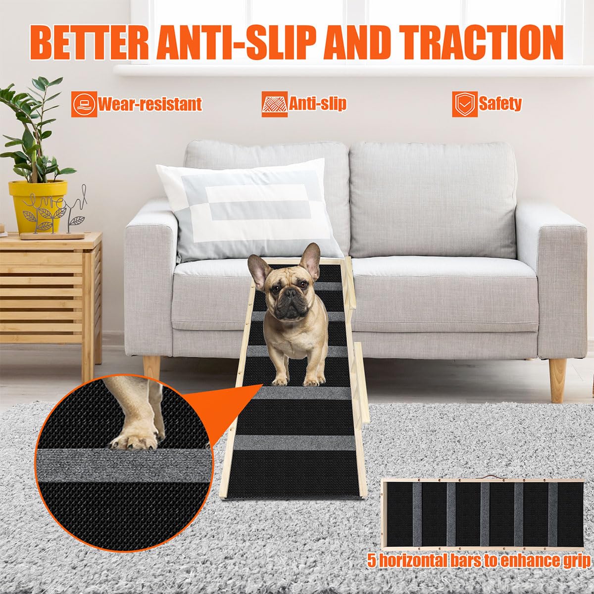 Galigali Dog Ramp, Adjustable Portable Folding Pet Ramp, Grey 43.3' Long Wooden With Non-Slip Traction Pad For Small Old Dogs A