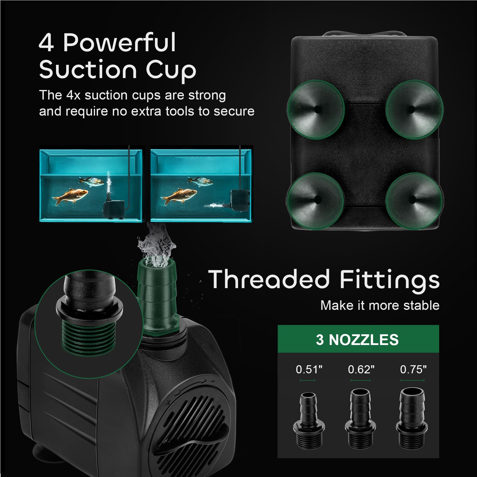 Growneer 2 Packs 550Gph Submersible Pump 30W Ultra Quiet Fountain Water Pump, 2000L/H, With 7.2Ft High Lift, 3 Nozzles, 4.9 Feet Tubing For Aquarium, Fish Tank, Pond, Hydroponics, Statuary