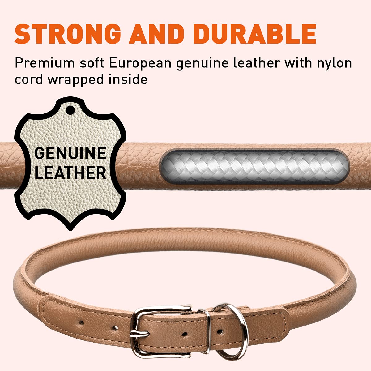 Dogline Soft And Padded Rolled Round Leather Collar For Dogs W1/2'' - L22''-25'', Brown