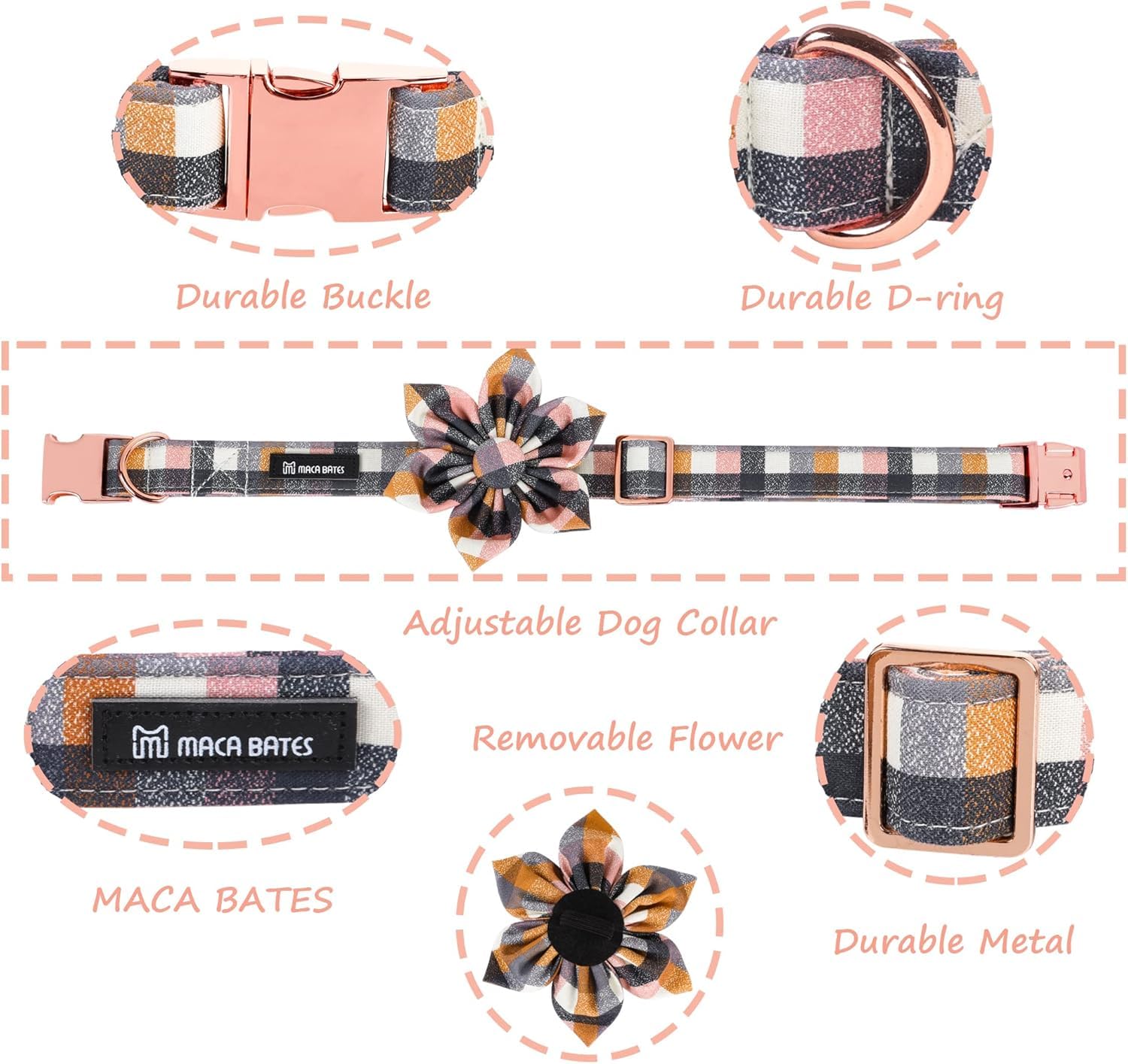 Maca Bates Fall Checkered Dog Collar with Flower Bow Tie for Small Girl,Boy Dogs Autumn Grey Pink Gingham Puppy Plaid Collars wi
