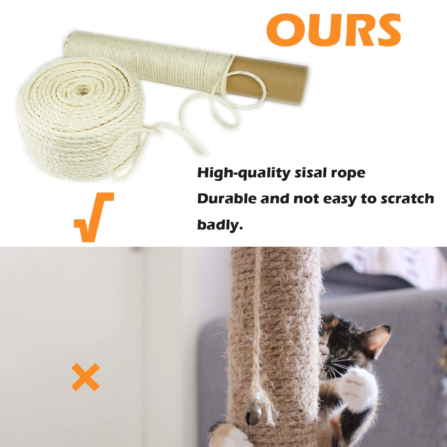 Treasborn Natural Sisal White Rope For Cat Scratcher Scratching Post Replacement 1/4 Inch Cat Tree Rope For Repairing, Recovering Or Diy Cat Scratcher 50/100/164 Feet