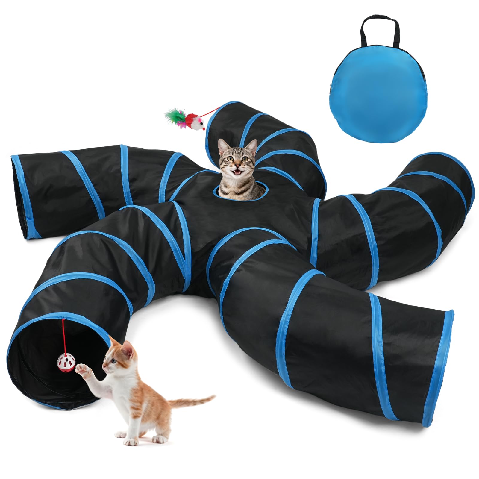 Joytale 5-Way Cat Tunnels for Indoor Cats, Pet Tube Toy with Bell Ball and Toy Mouse, S-Shape Collapsible Tunnel with Interactiv