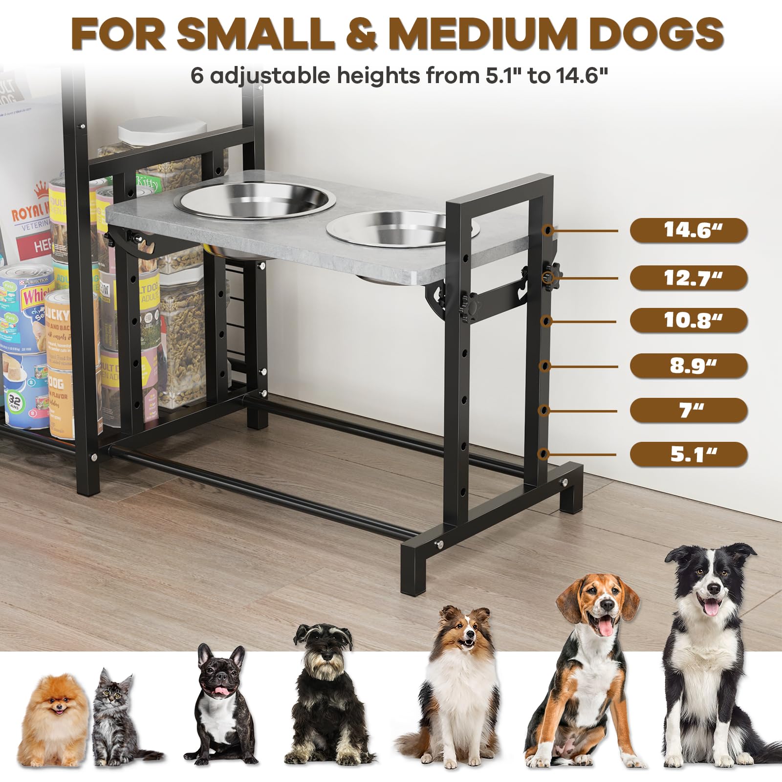 Guibukeyan Elevated Dog Bowls Stand With Pet Storage Organizer, Adjustable Feeding Station Cabinet With Toy Basket For Large, Me