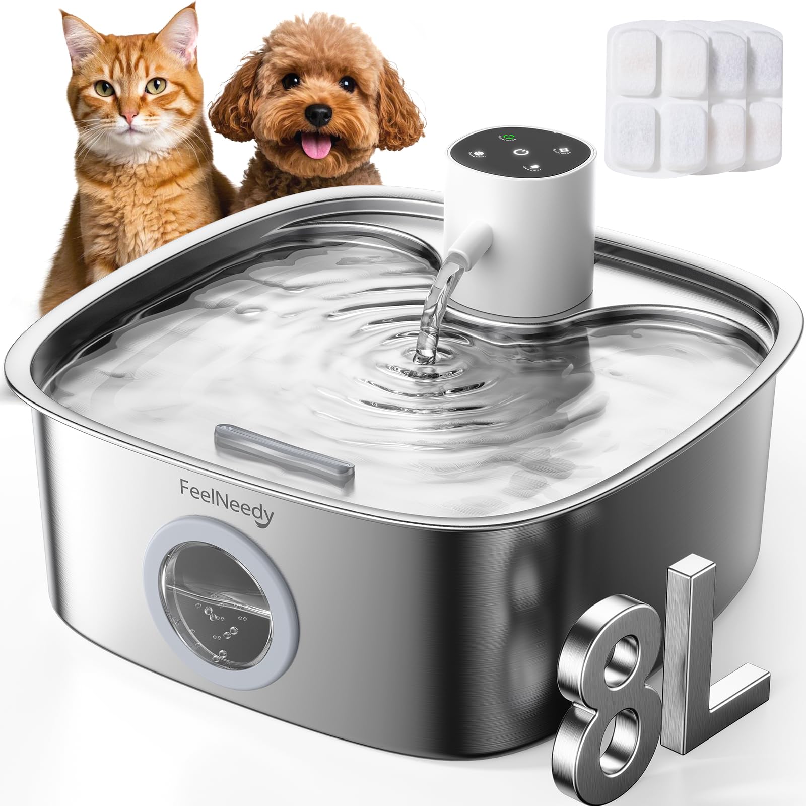 Cordless Wider Tray Dog Water Fountain, 5000mAh Battery Operated Dog Water Bowl Dispenser with 3 Motion Sensor, FEELNEEDY Stainl