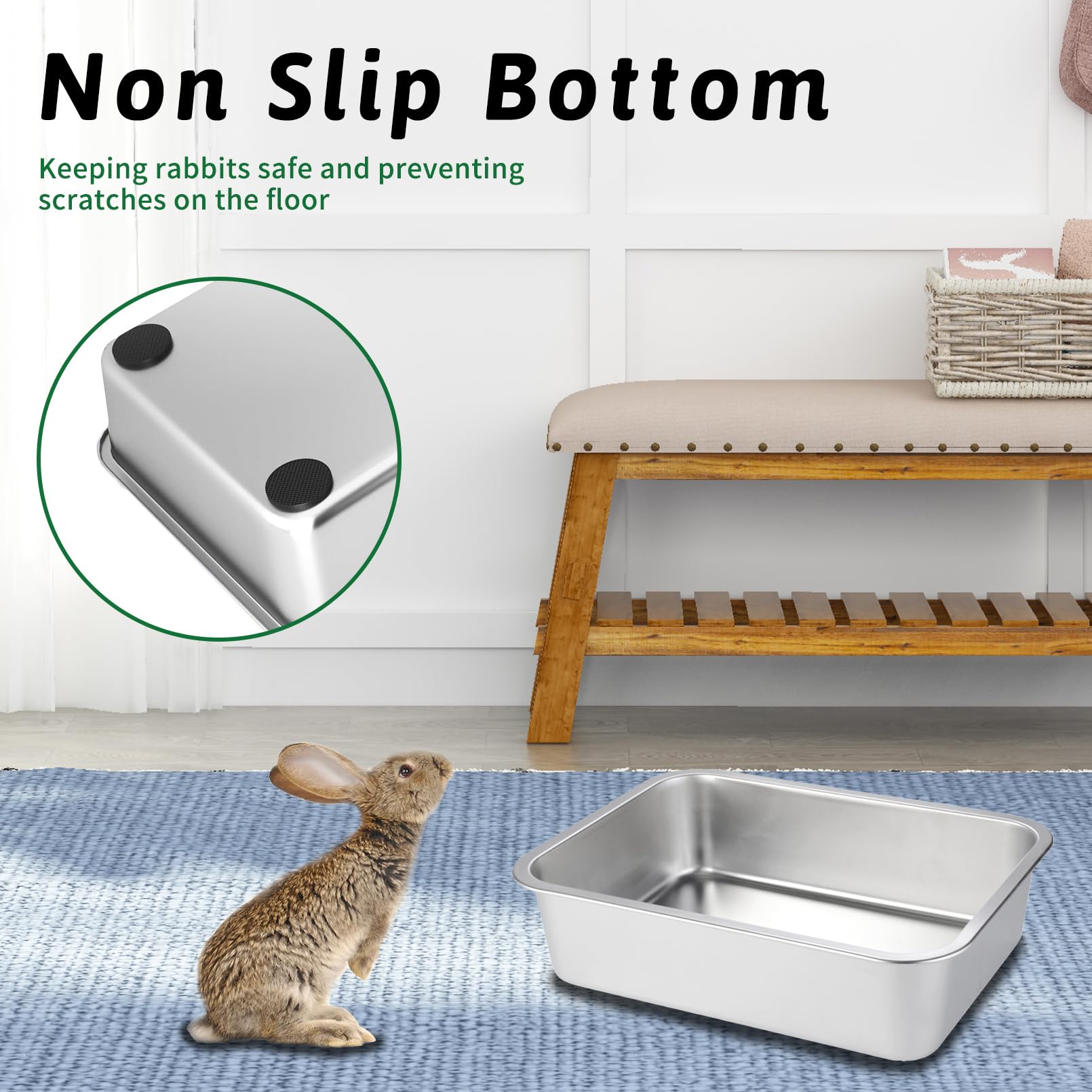 Bnosdm Large Rabbit Litter Box Stainless Steel Bunny Litter Pan Open Pet Litter Box Toilet With Non-Slip Feet Mats For Rabbits,