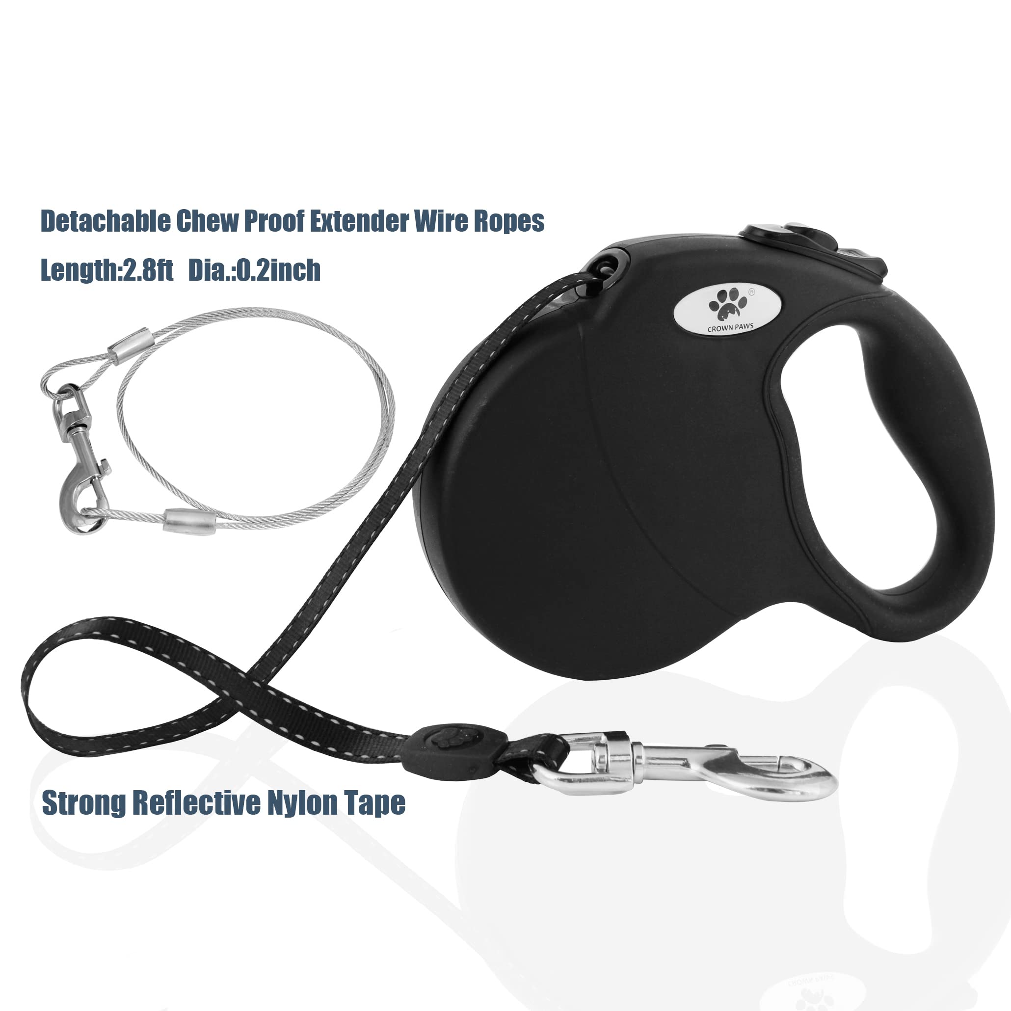 Crown Paws 16Ft Retractable Dog Leash For Large Breed Dogs Up To 110 Lbs With A Detachable Chew Proof Extender Wire Ropes (Black L)