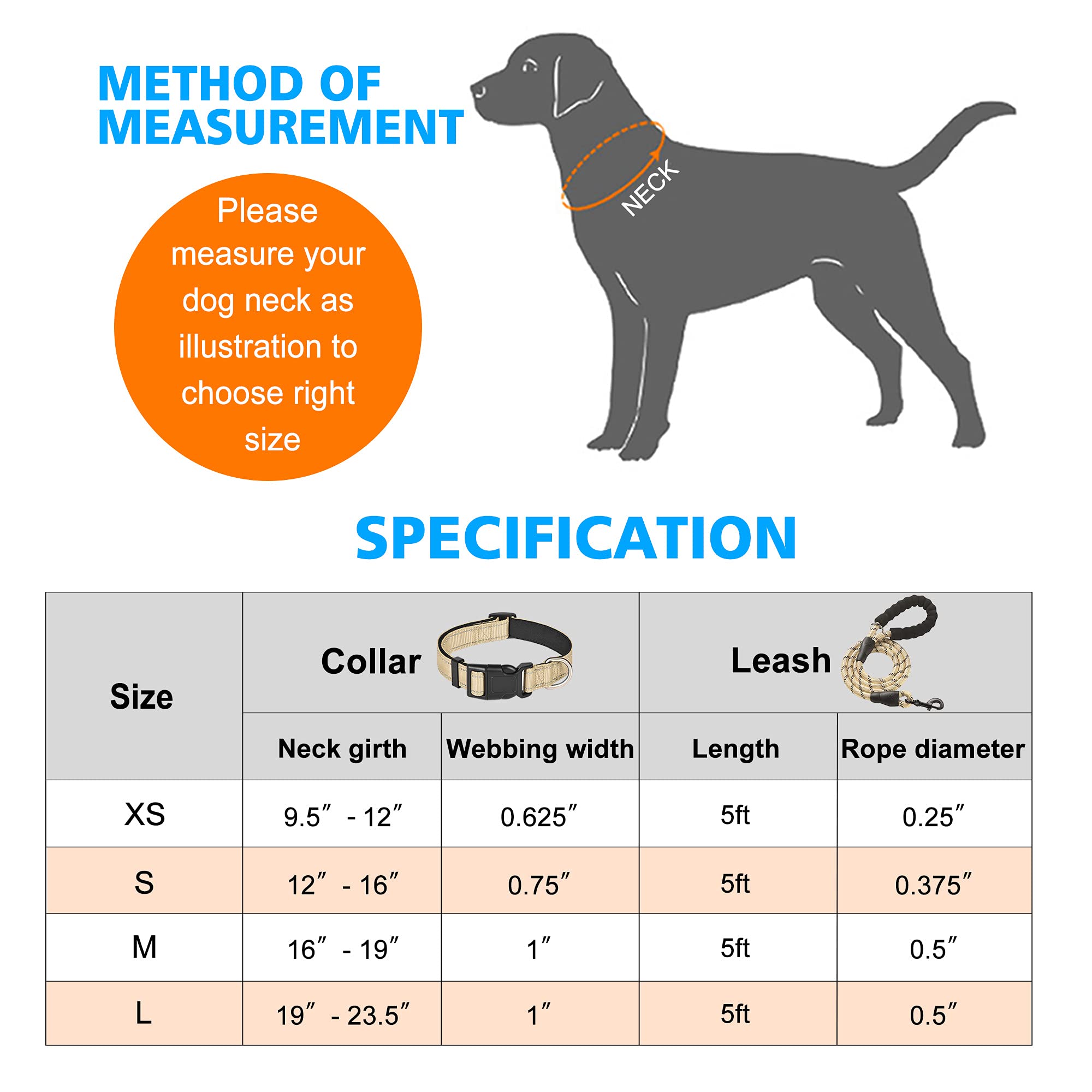 Ladoogo Reflective Dog Collar Padded With Soft Neoprene Breathable Adjustable Nylon Dog Collars For Small Medium Large Dogs (Large (Pack Of 1), Vanilla Collar+Leash)