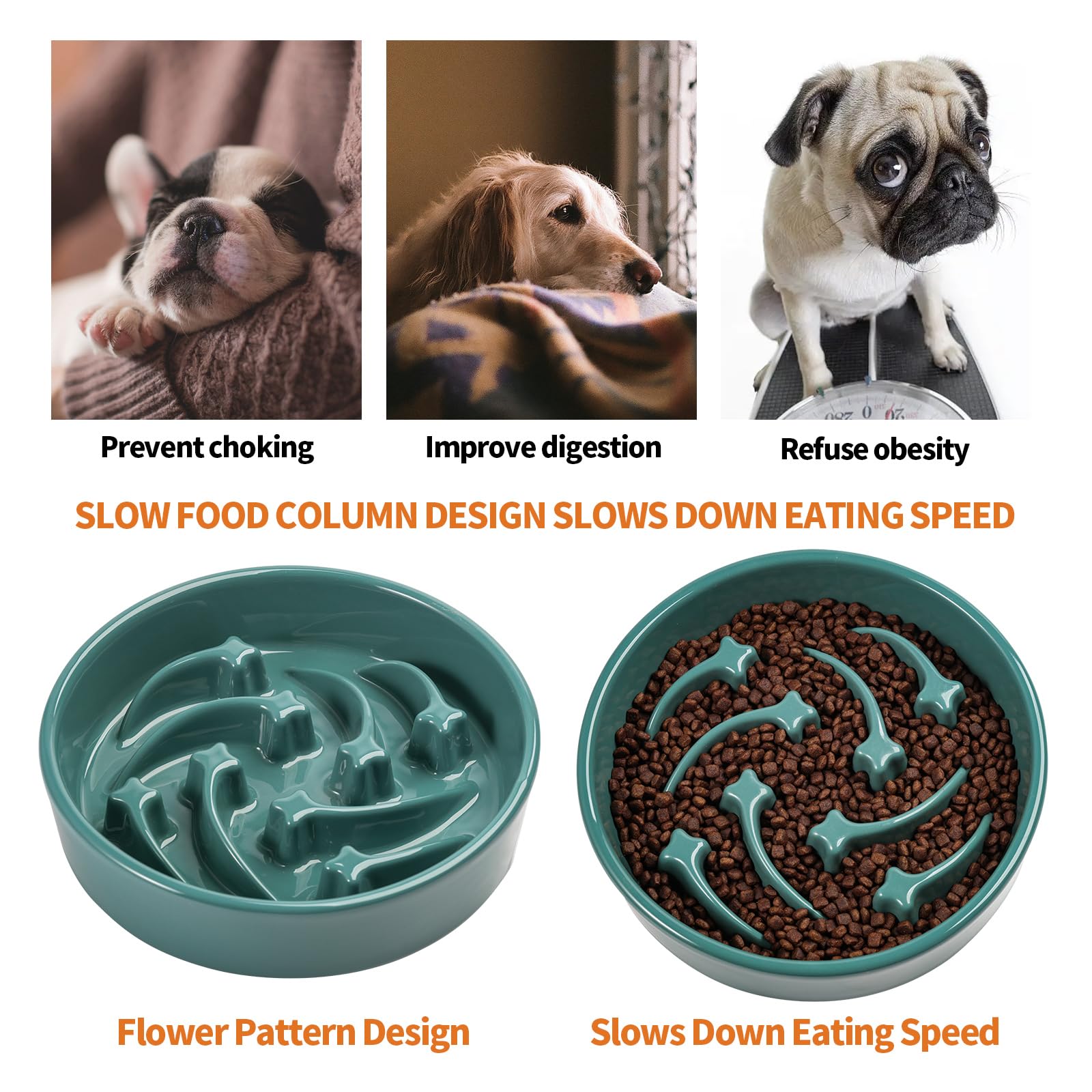 8.26 in Deep Green Ceramic Slow Feeder Dog Bowl for Medium and Large Breed,Pet Feeding Dog Food Water Dish Heavy Weighted,Puppy