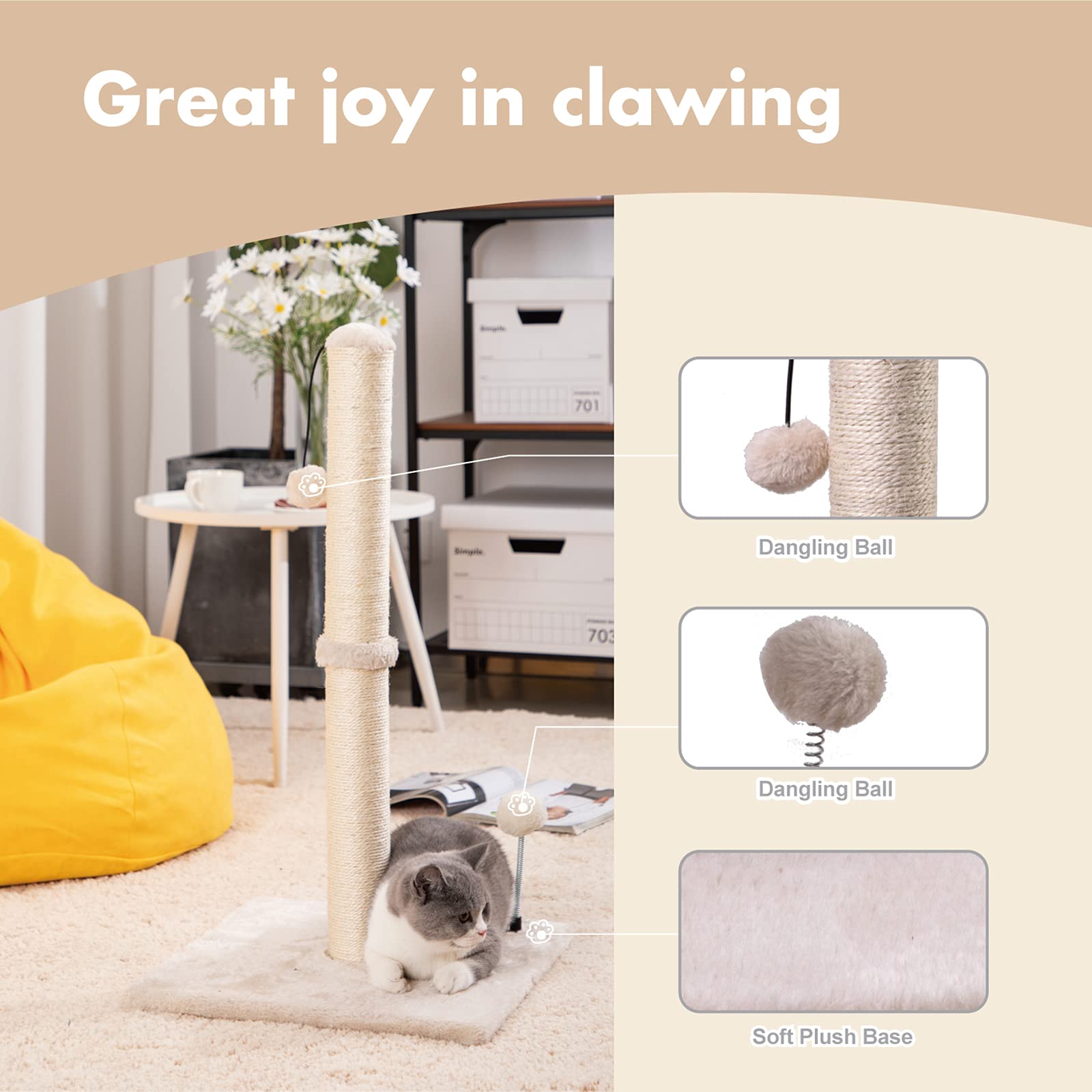 MECOOL 34    Tall Cat Scratching Post Premium Basics Kitten Scratcher Sisal Scratch Posts Trees with Hanging Ball for Indoor Cat