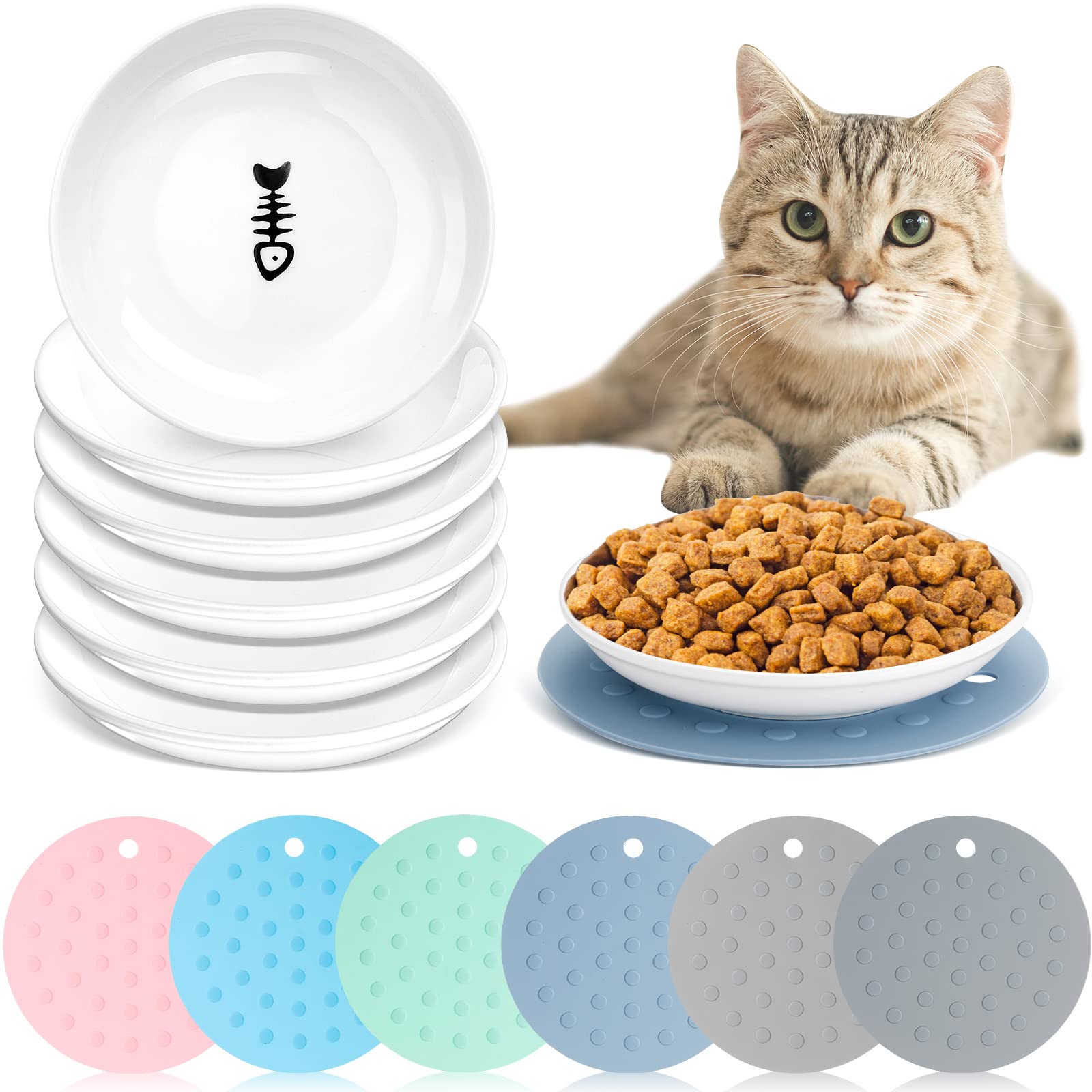 6 Pcs Whisker Fatigue Cat Bowl with 6 Pcs Silicone Anti Slip Mat, Ceramic Cat Food Plate, Cat Wet Food Bowl, Shallow Cat Food Di
