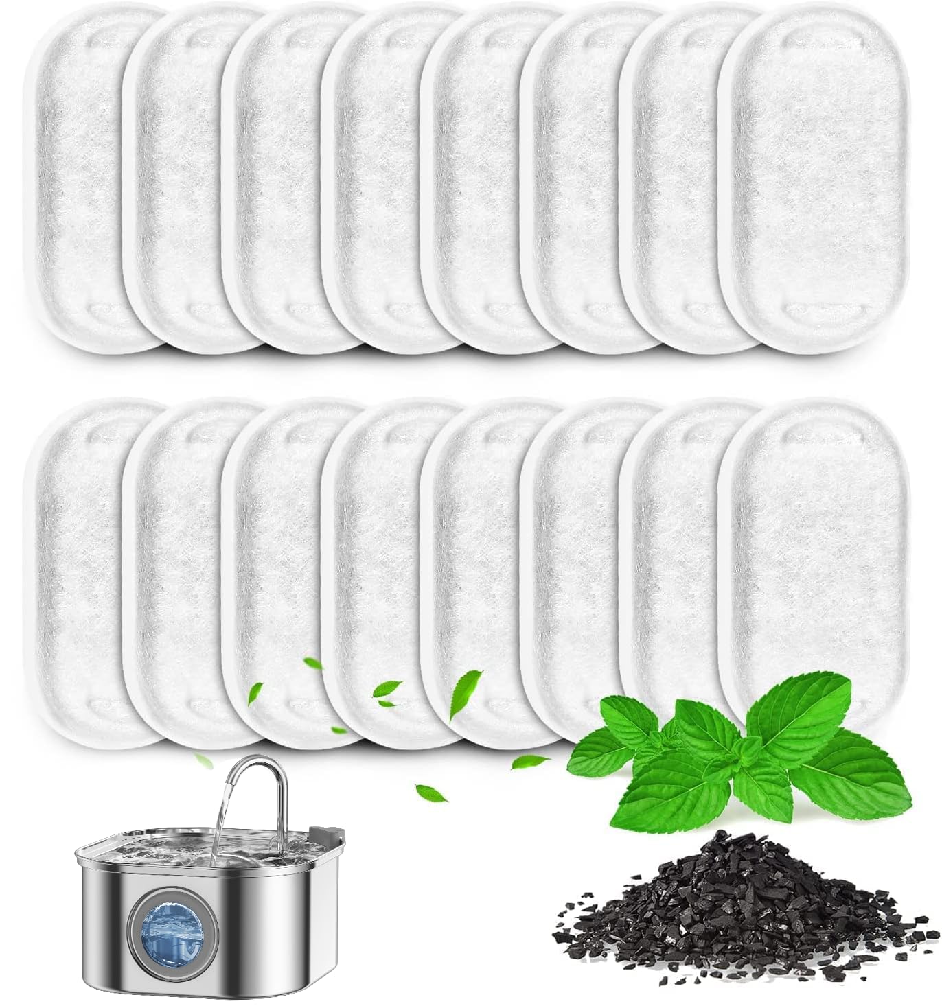 Vindox 16 Pack Replacement Filters For Cat Water Fountain Stainless Steel, 67Oz/2L Adjustable Water Flow Pet Water Fountain, Sup