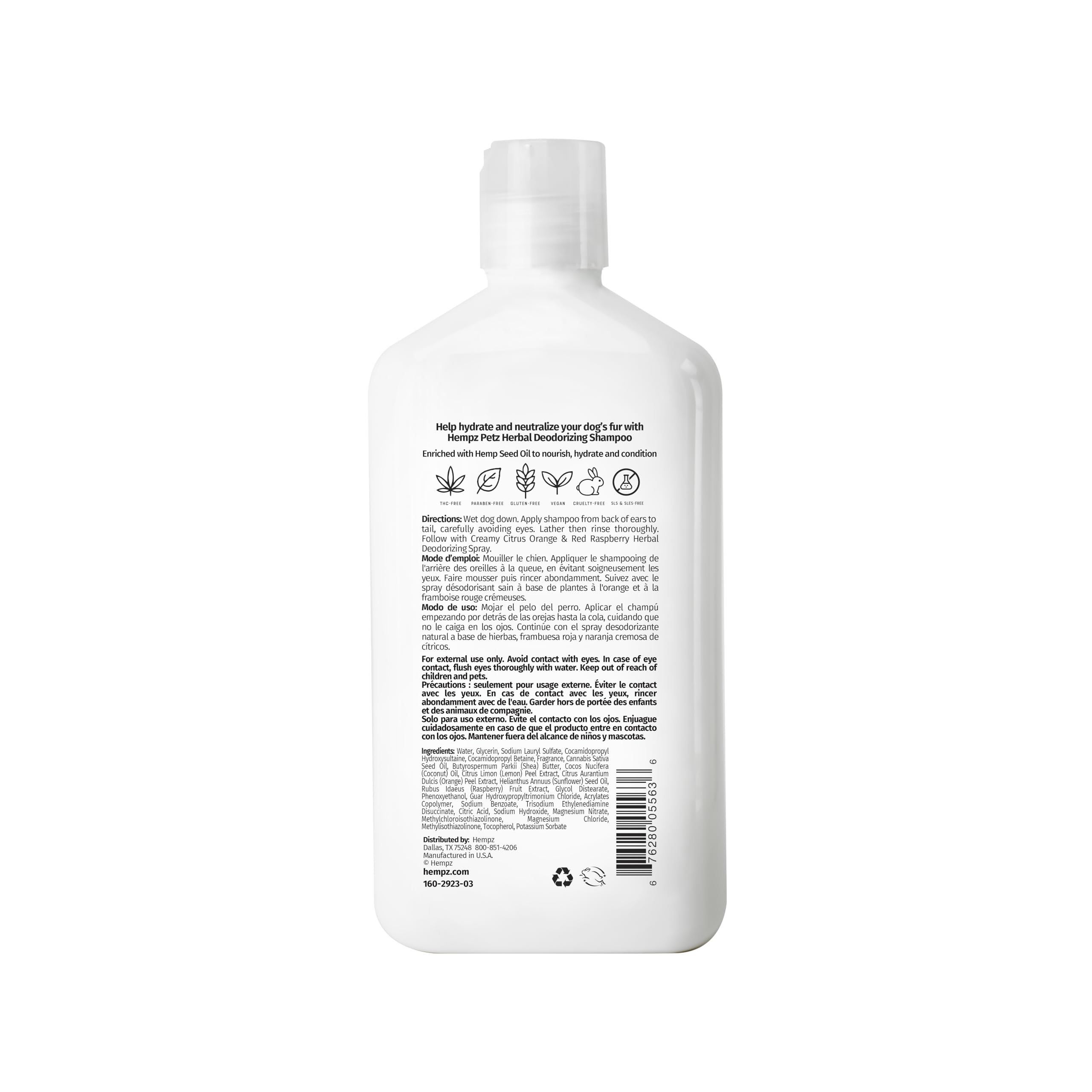 Hempz Petz Dog Shampoo, Creamy Citrus Orange & Red Raspberry Herbal Deodorizing Cleanser, 17 Oz.