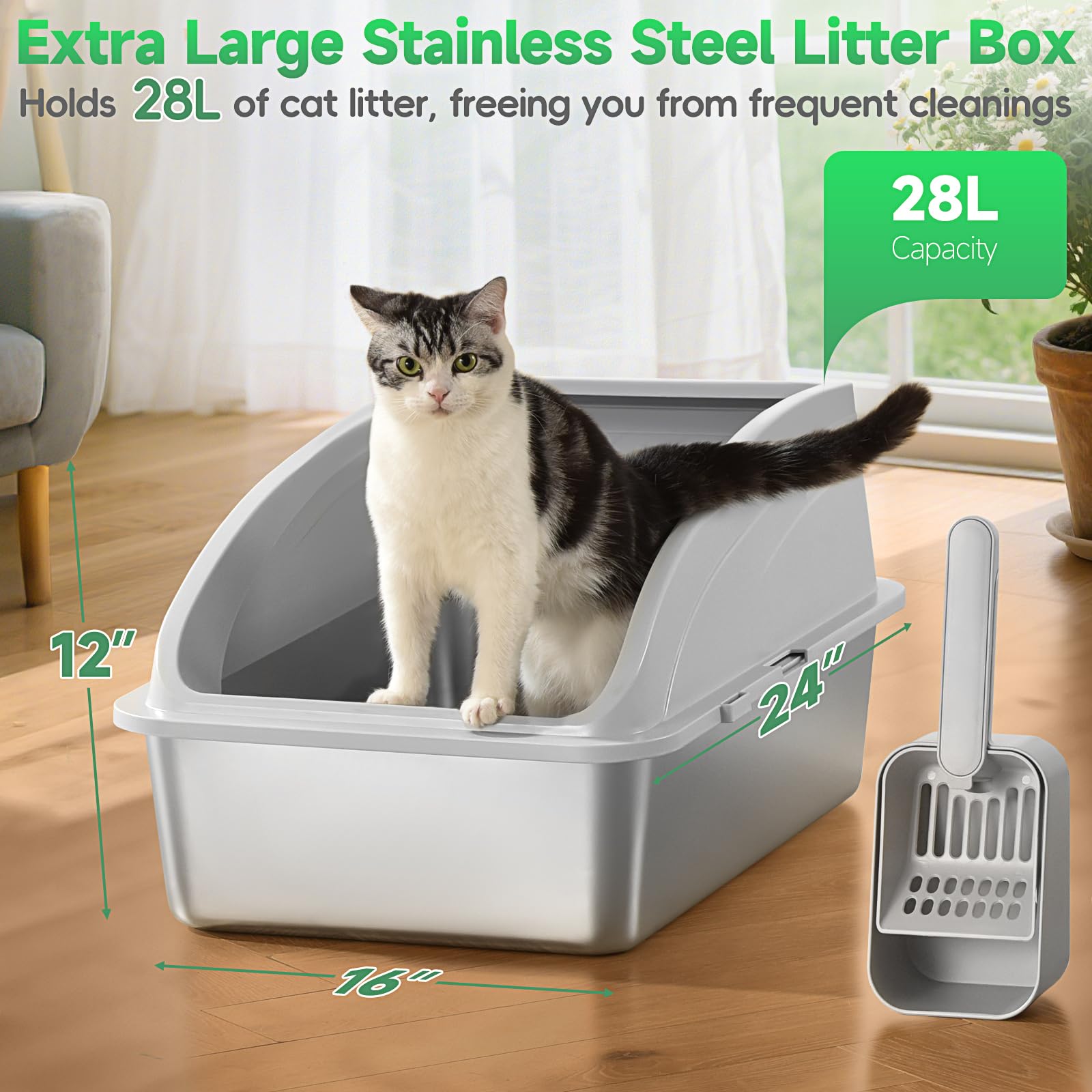 2 Pack Stainless Steel Cat Litter Box With Lid, Xl Extra Large For Big Cats, 24'' L X 16'' W X 12'' H, Metal Litter Box High Sid