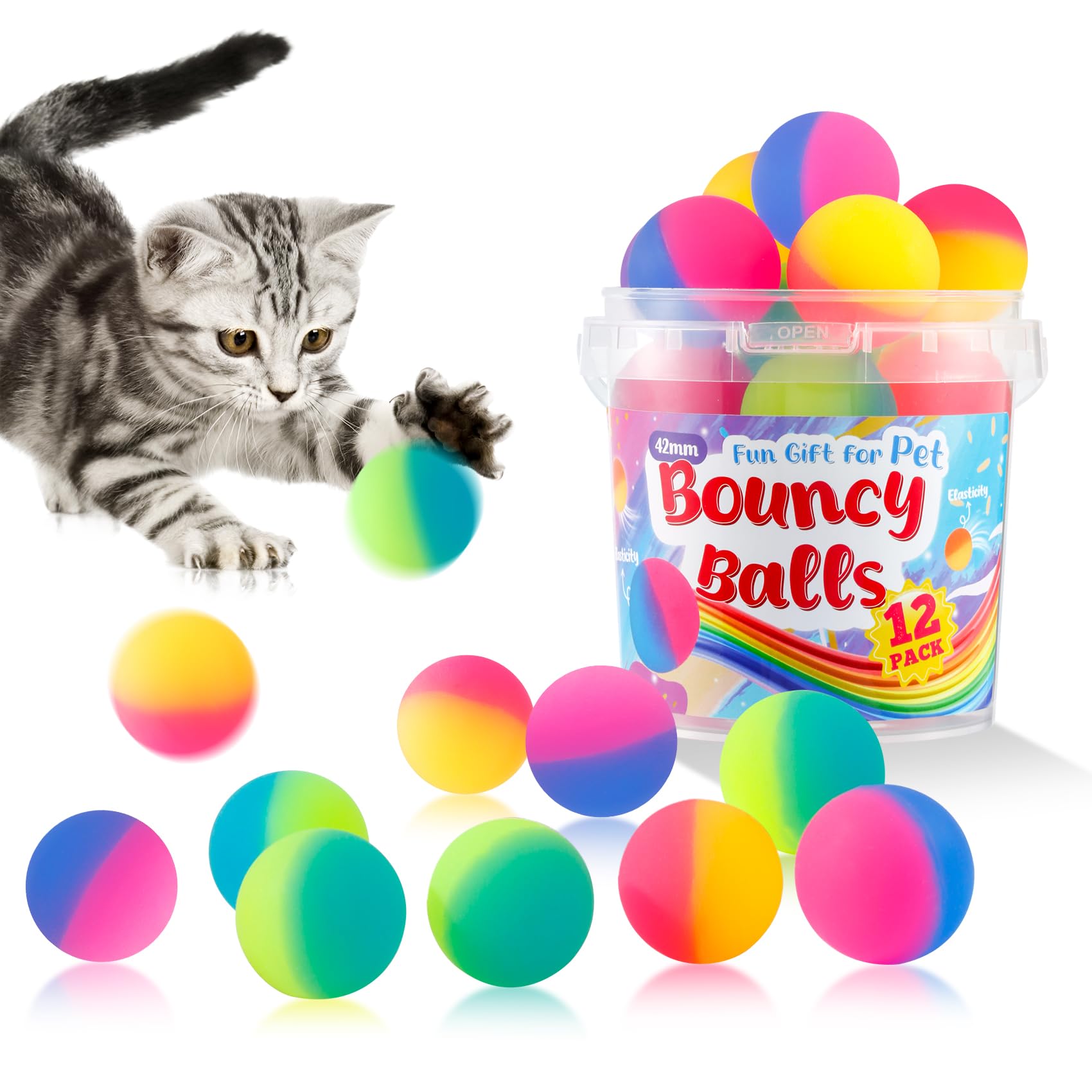 Cipsken Cat Toy Bouncy Balls, 12 Pack 1.65 Inch High Elasticity Bouncing Balls For Cats, Colorful Interactive Pet Toy Gift For P