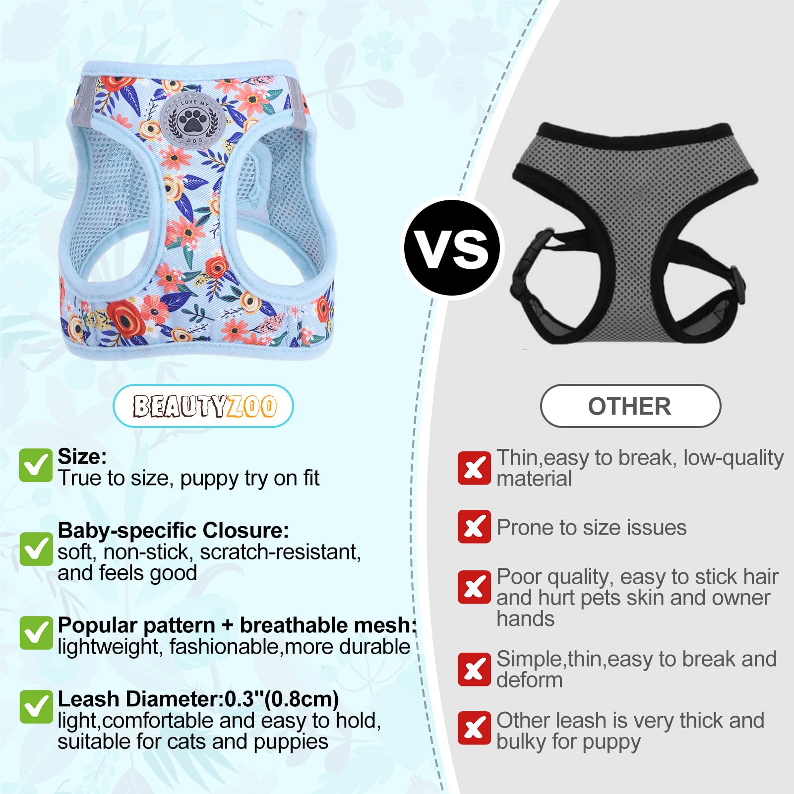 Beautyzoo Step In Dog Harness And Leash Set,Floral Pattern Reflective Dog Harness No Pull No Choke Puppy Harness For Small Mediu