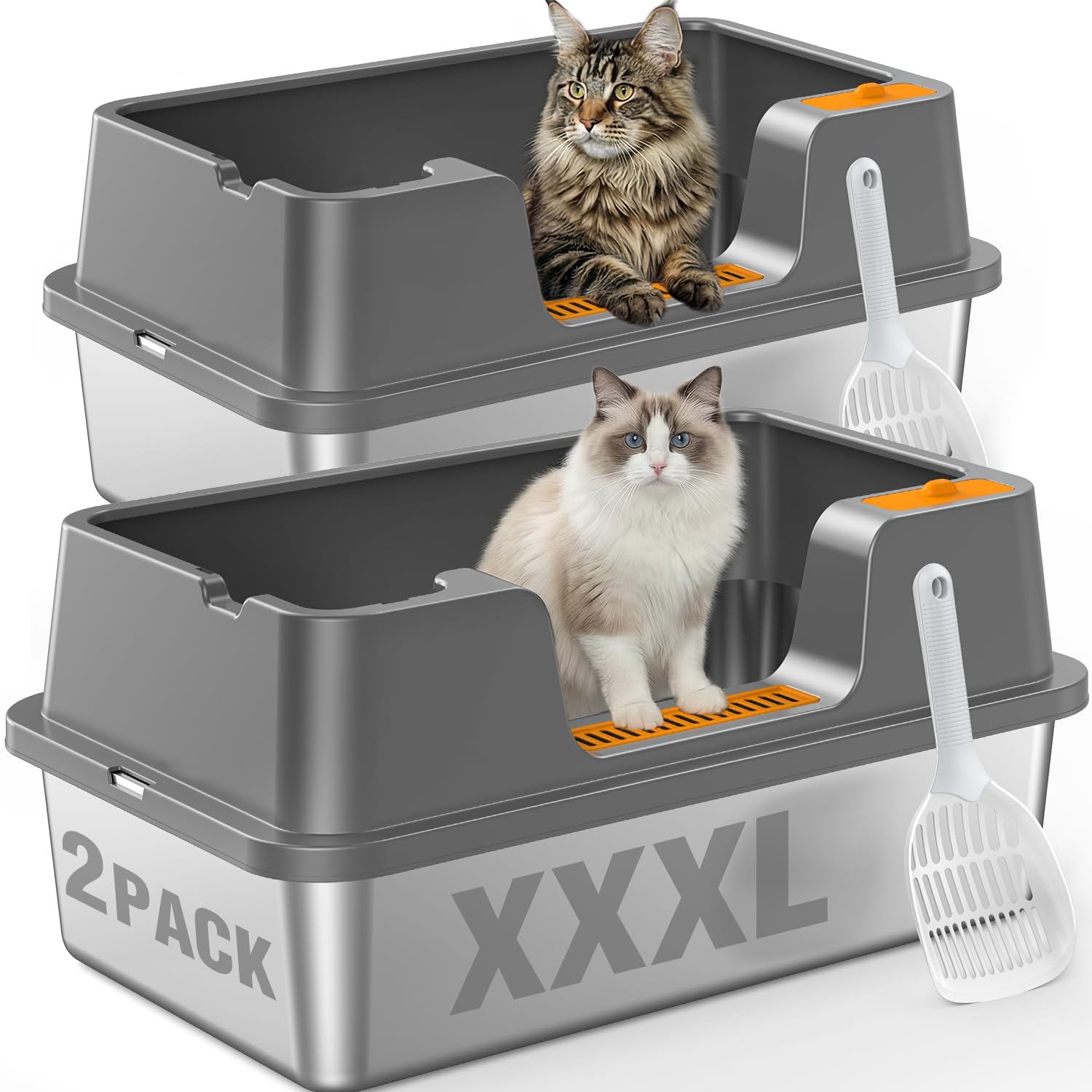 OROLEY 2PACK Stainless Steel Litter Box with High Sides Lid, Extra Large XXXL Litter Box for Big Cats, Metal Kitty Litter Boxes 