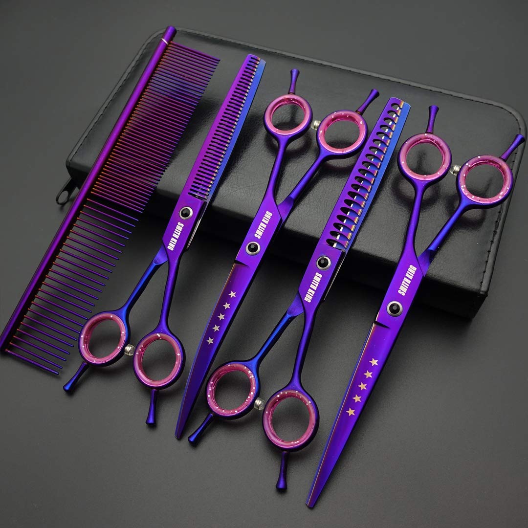 7.0 Inches Professional Dog Grooming Scissors Set Straight & Thinning & Curved & Chunkers & Comb 5Pcs In 1 Set For Left-Handed &