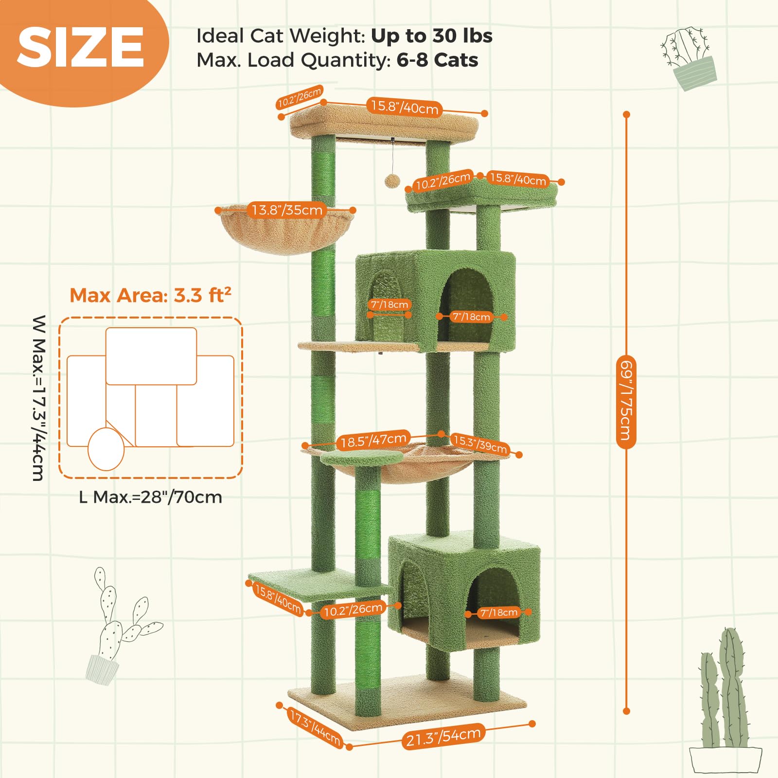 Petepela 69 Tall Cat Tree For Indoor Large Cats, Cat Tower For Adult Cats With Big Hammock, Cat Climbing Tree Tower With Scrat