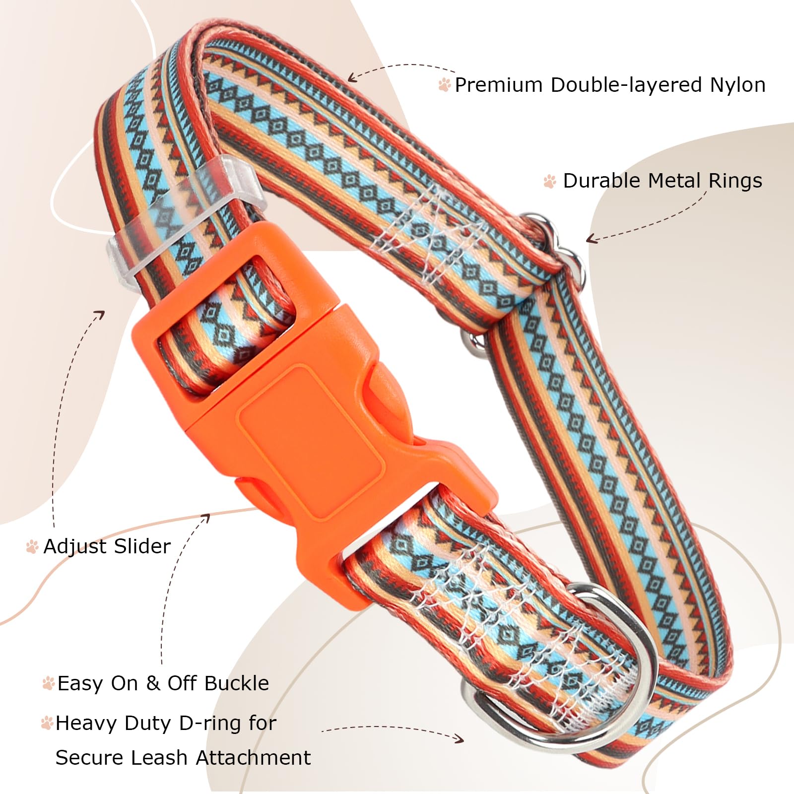 Dog Collar For Puppy Small Dogs, Orange Dog Collar With Tribal Ethnic Aztec Patterns, Adjustable Safety Nylon Dog Collars Buckle