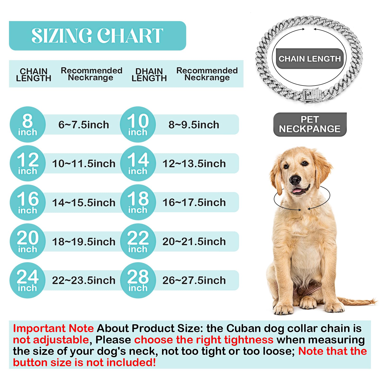 Tallew Dog Chain Diamond Cuban Collar Walking Metal Chain Collar With Design Secure Buckle, Pet Cuban Collar Jewelry Accessories For Small Medium Large Dogs Cats (Silver, 22 Inch)