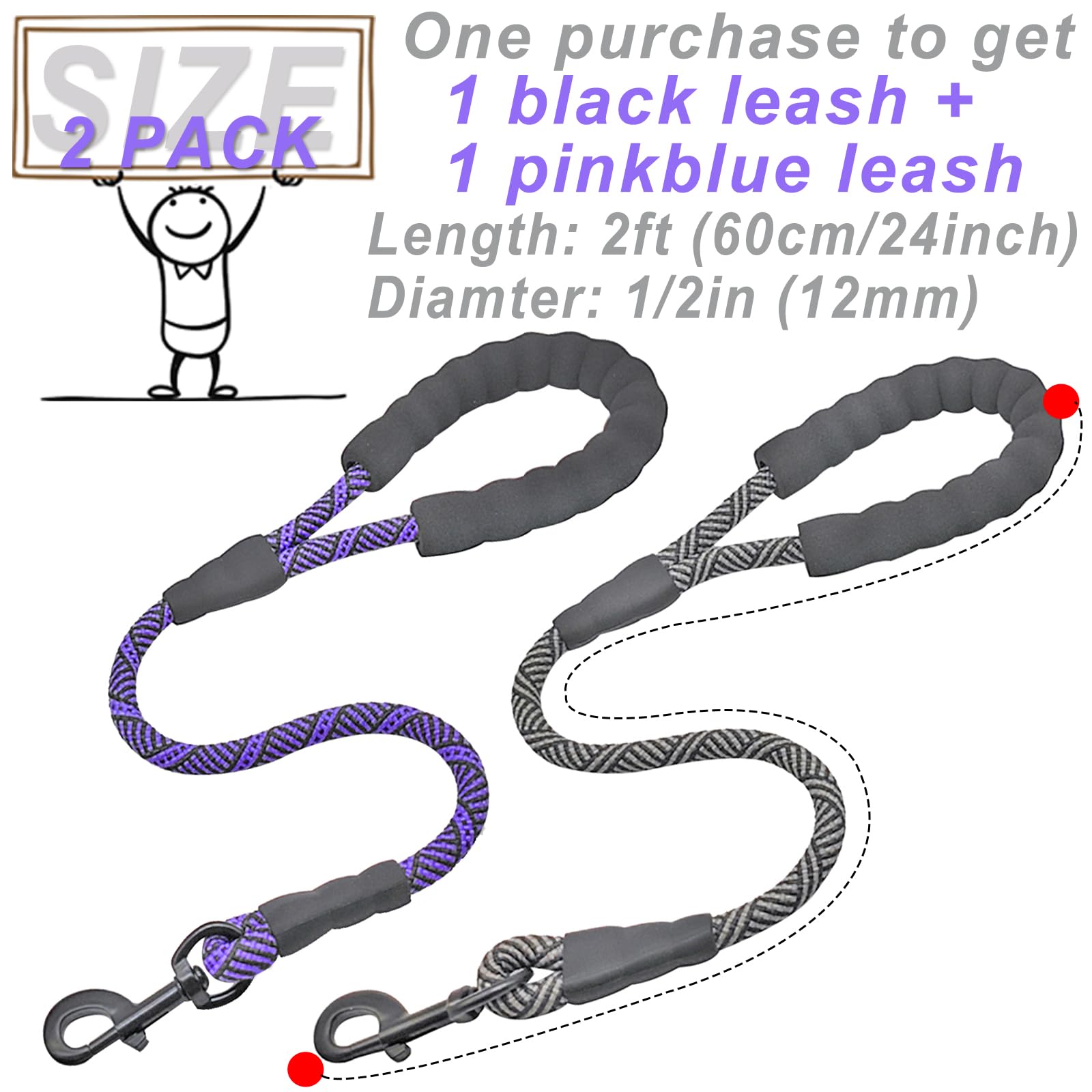 Mycicy 2Ft Rope Dog Leash, 2 Pack Strong Nylon Short Dog Leash With Comfortable Padded Handle, Easy Control And Walking Traffic Leash For Large And Medium Dogs (Black+Purple)