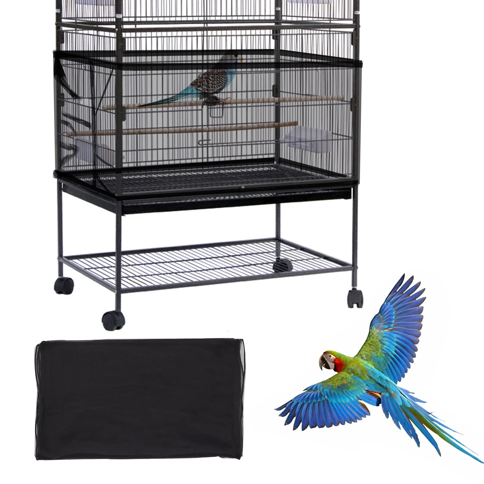Daoeny Large Bird Cage Cover, Bird Cage Seed Catcher, Adjustable Soft Airy Nylon Mesh Net, Birdcage Cover Skirt Seed Guard For Parrot Parakeet Macaw African Round Square Cages (Black)