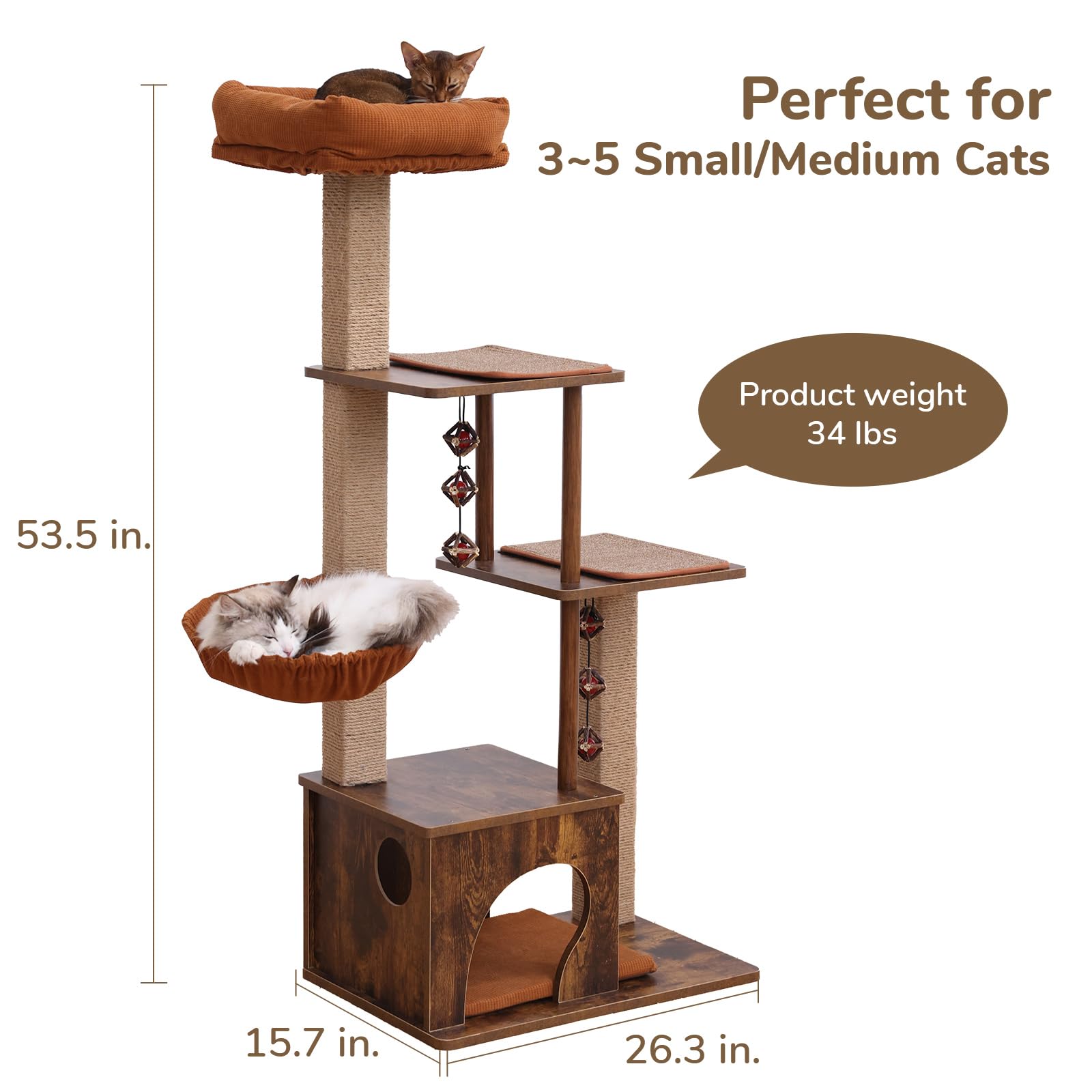 Fukumaru Cat Tree, 4 In 1 Large Modern Cats Tower With Jute Scratching Post And Hammock, Wood Cat Condo With Silvervine Balls, B