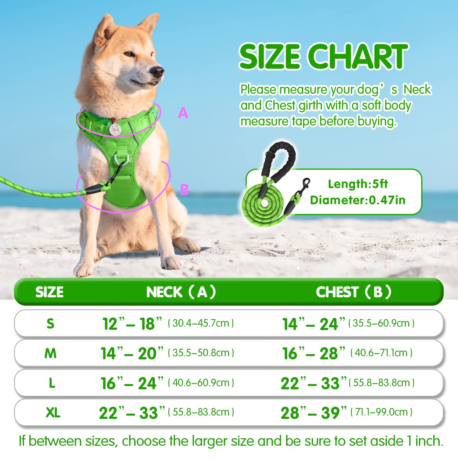 Poypet No Pull Dog Harness And 5 Feet Leash Set, Release On Neck Reflective Adjustable Pet Vest, Front & Back 2 D-Ring And Soft Padded Pet Harness With Handle For Small To Large Dogs(Green,L)