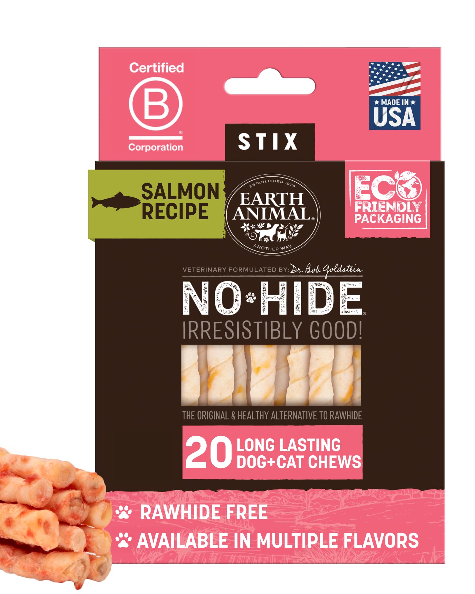Earth Animal No Hide Stix - Long Lasting Rawhide Free Small Dog Chews Sticks, Salmon - 20 Count Value Pack