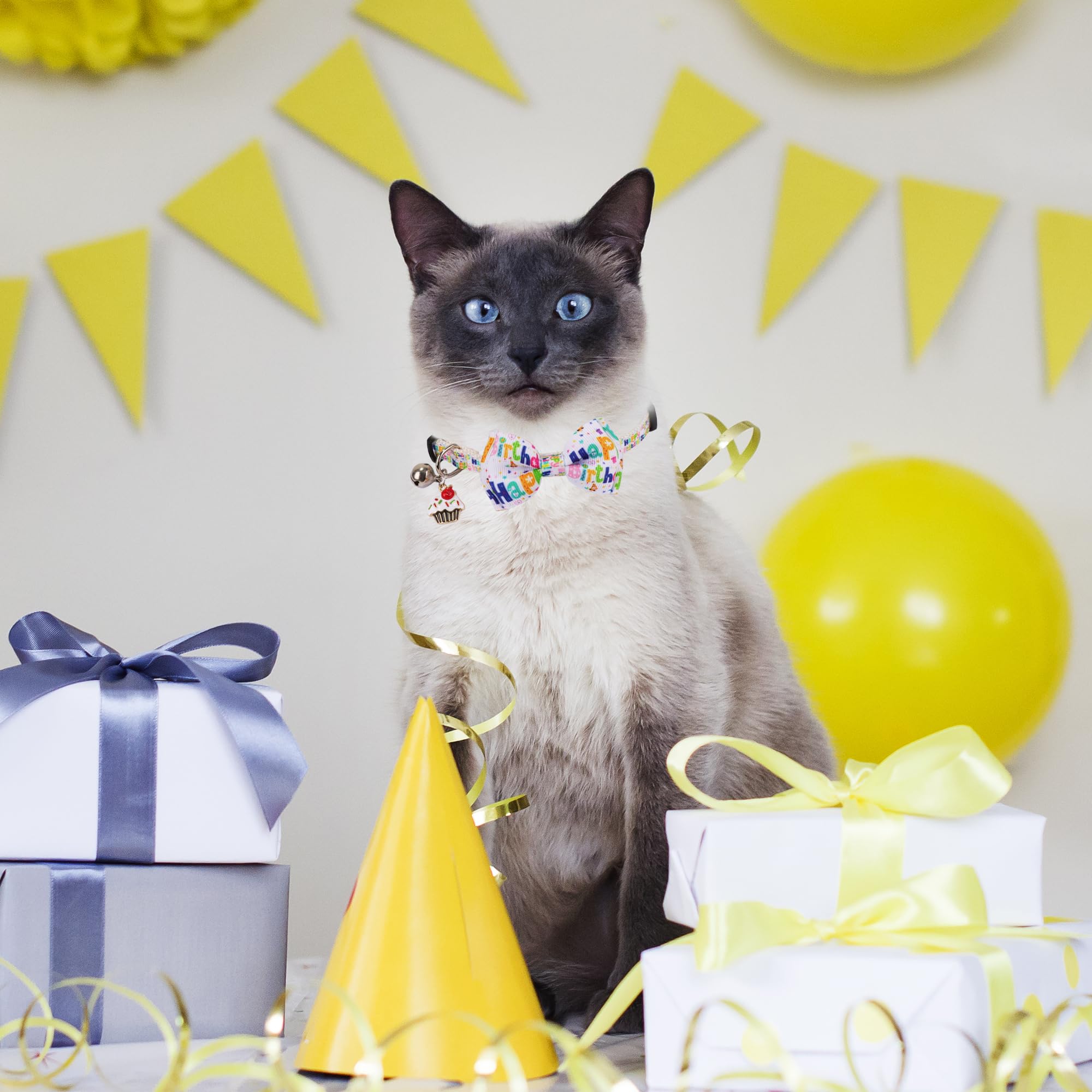 Adoggygo Birthday Cat Collars With Bow Bell, Breakaway White Blue Happy Birthday Bowtie Collars For Cats Kittens