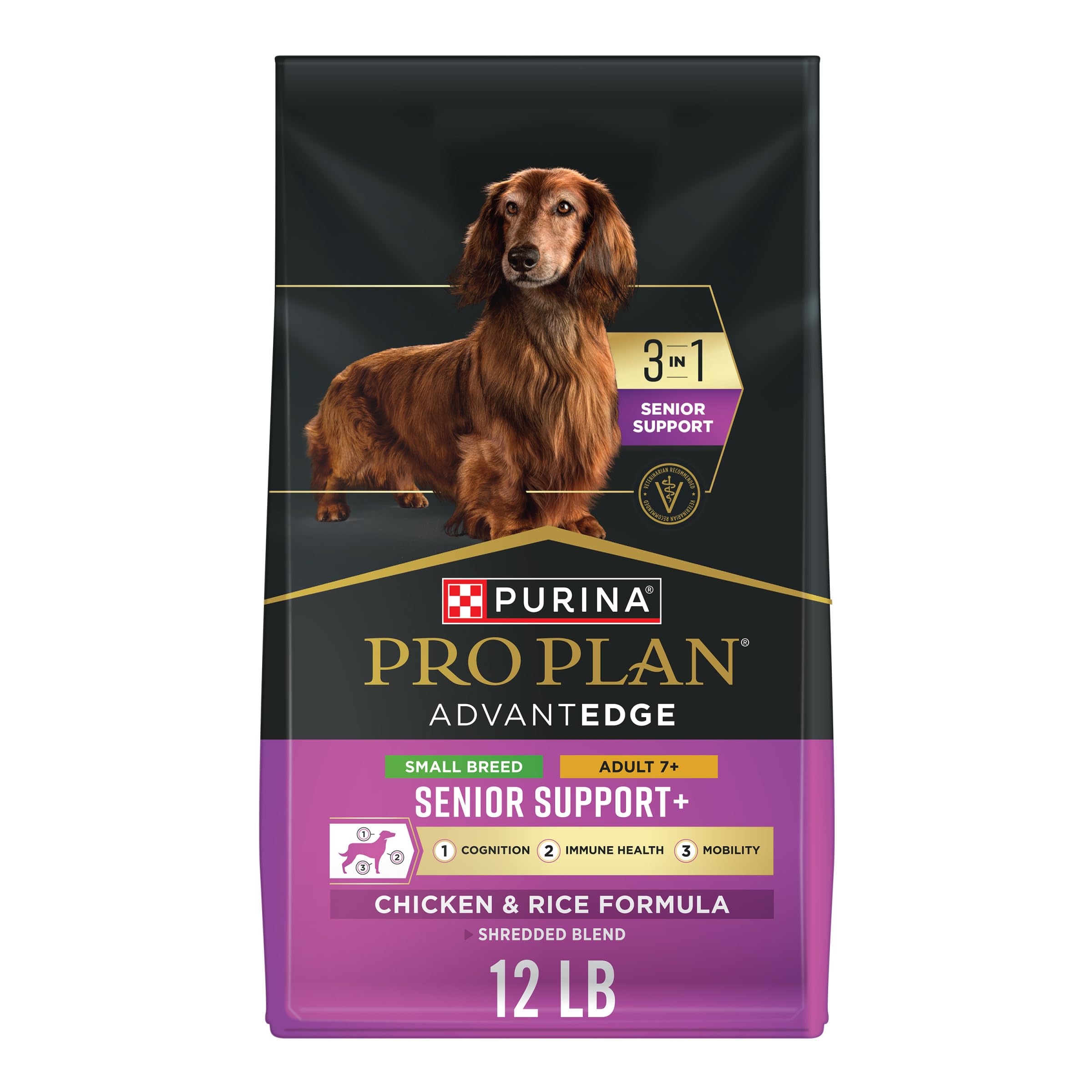 Purina Pro Plan AdvantEDGE Senior Support Plus Small Breed Shredded Blend Chicken and Rice Formula Dry Dog Food - 12 lb. Bag