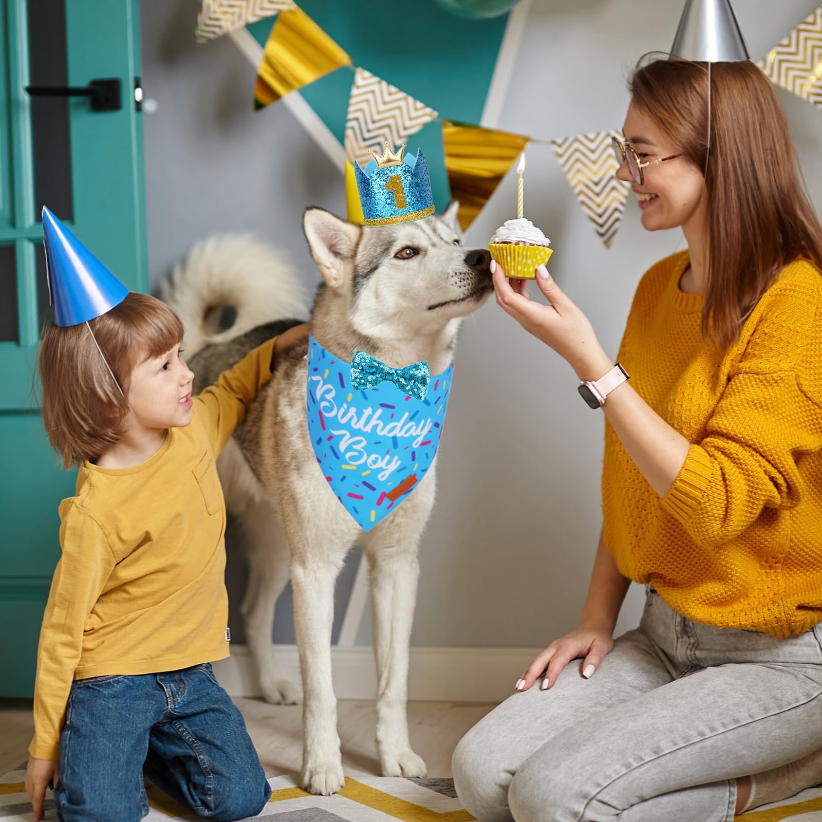 Ptdecor Dog Birthday Party Supplies, Multi Size Birthday Boy Bandana, Blue Crowns Dog Hat Set For Large X-Large Pets (X-Large)
