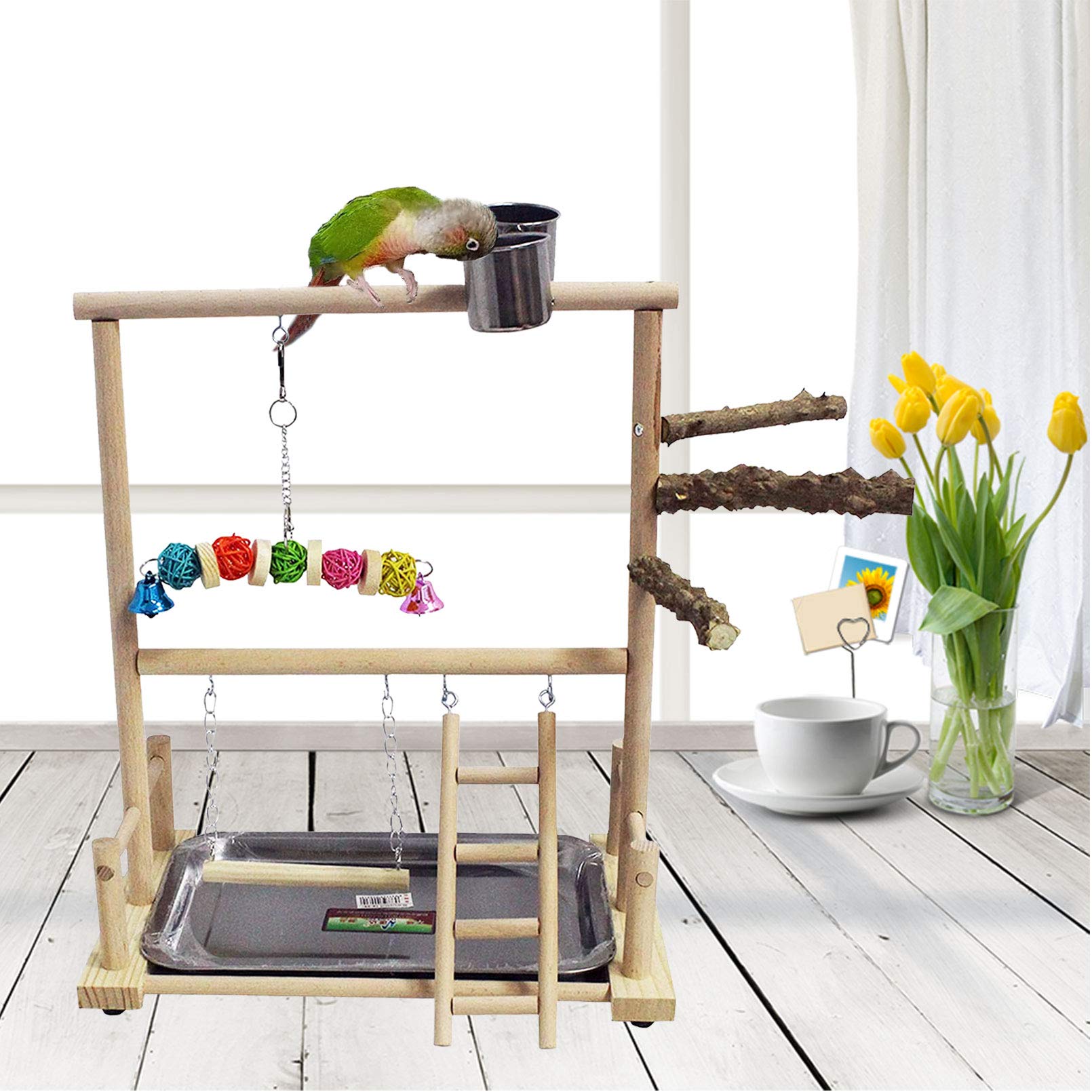 Kathson Bird Play Stand Parrot Perch Stand Natural Wood Bird Playground Playstand For Cockatiel Conures Parakeet Parrots Budgie Lovebird Finch Small Birds