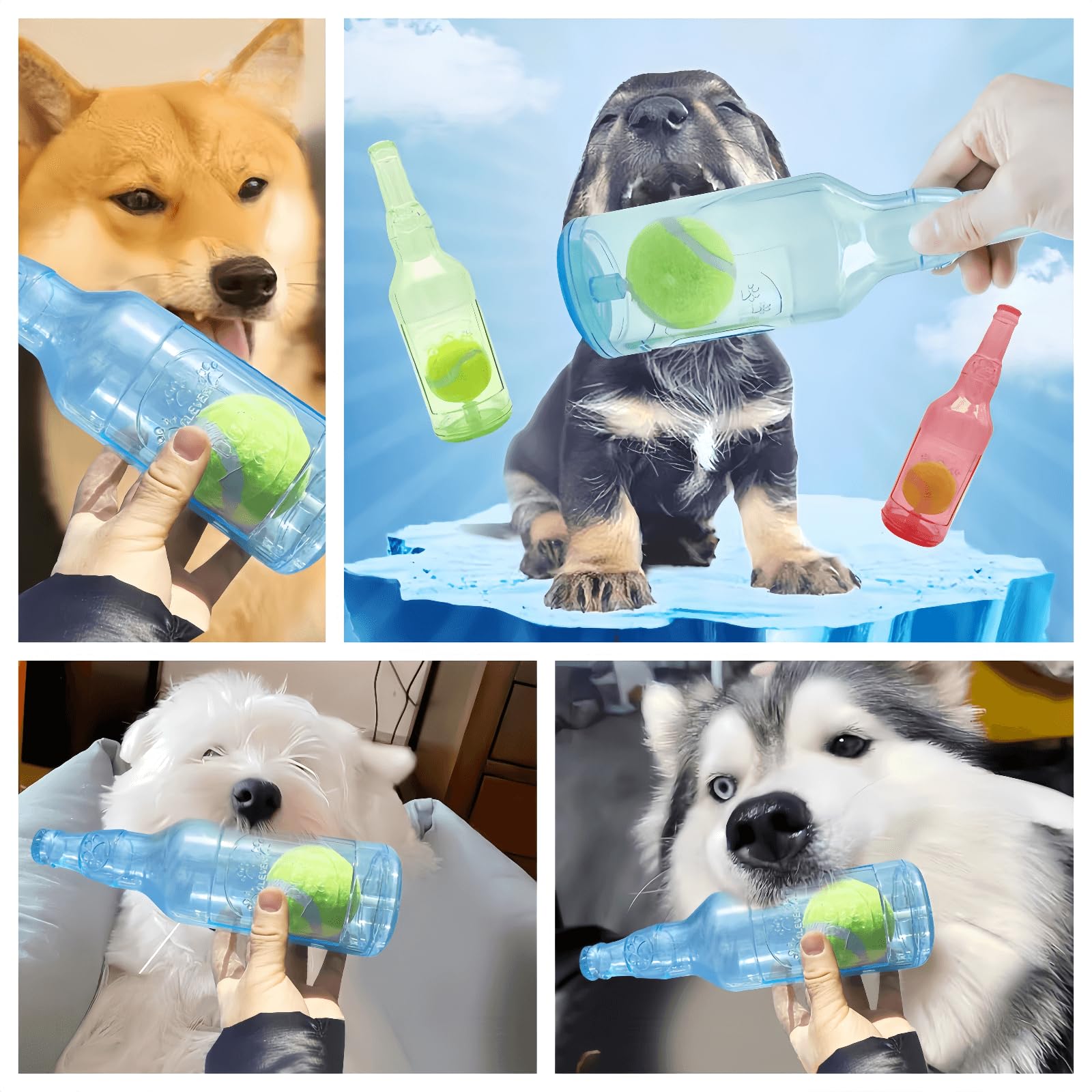 Cute Tough Dog Toy Rubber Bottle Squeaky Dogs Chew Toy Long Lasting Interactive Fetch Toy For Teething Tennis Ball Included (Red