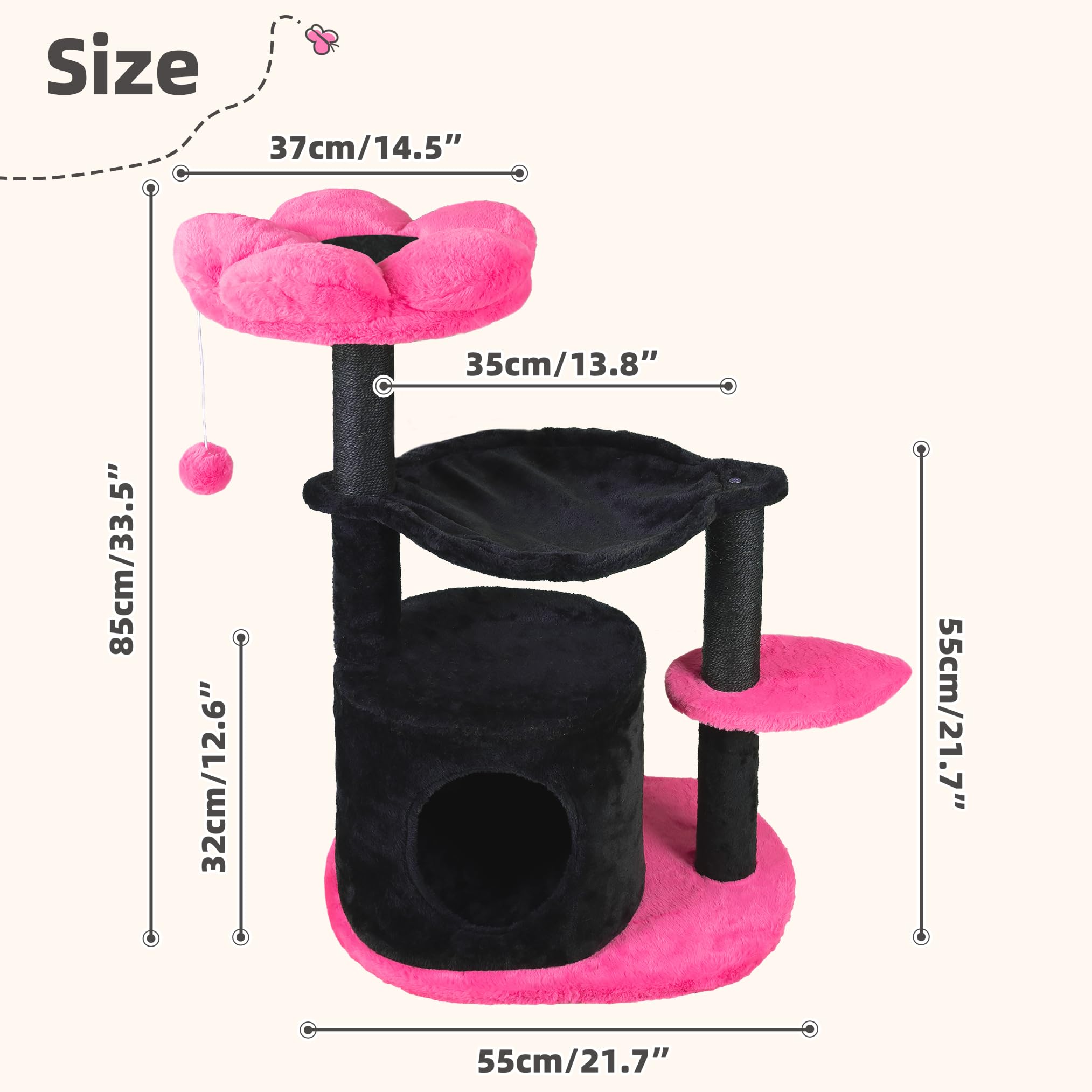 Fantasreen Cat Tree 33.5'' Black Pink Flower Cat Tower For Indoor Cats Cat Scratching Post With Comfy Hammock For Kittens Adult