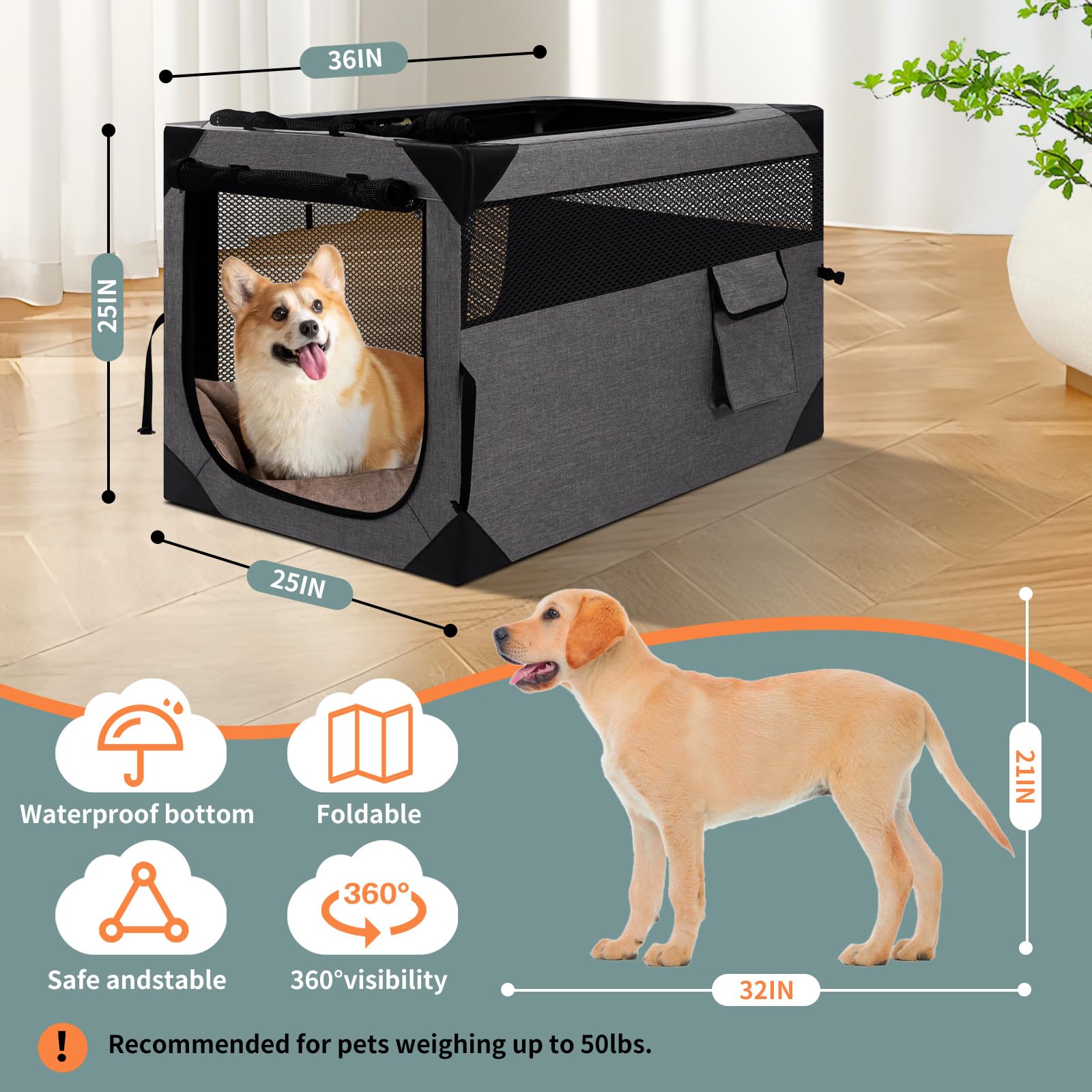 36X25X25 Inch Dog Crate, Large Dog Crate For Large Or Medium Dogs, Portable And Foldable Design Of Dog Cage, Perfect For Travel