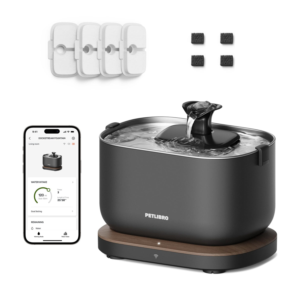 Bundle Of Petlibro App Monitoring Cat Water Fountain With Wireless Pump, 2.5L/84Oz Dockstream Pet Water Fountain For Cats Inside