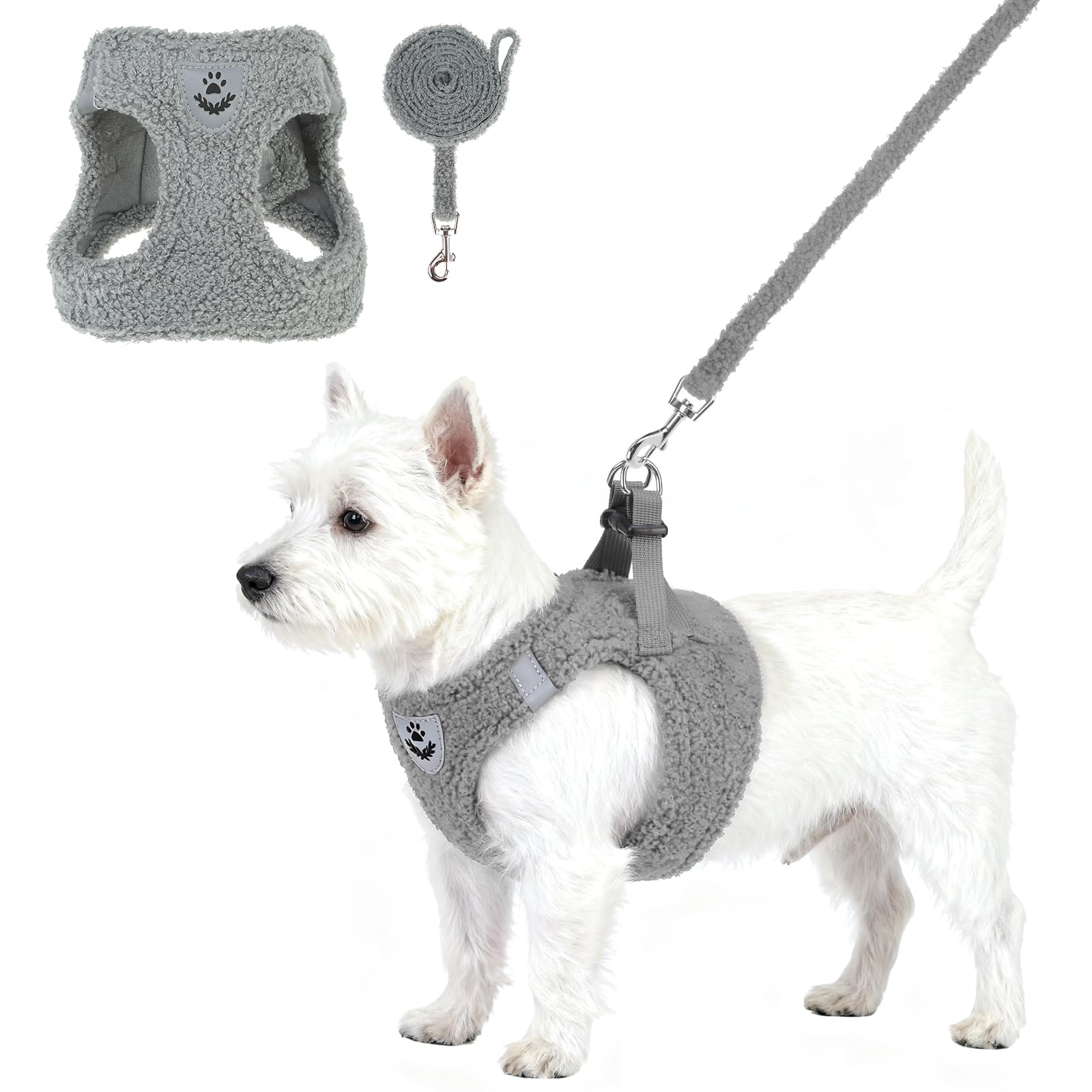 KOOLTAIL Plush Small Dog Harness and Leash Set, Warm Fleece No Pull Puppy Vest for Winter, Lightweight Reflective Step in Pet Ha